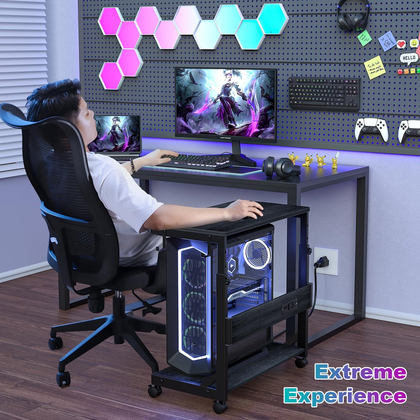 Height Adjustable Computer Tower Stand with Charge Station and USB Charging Port, 2-Tier ATX-Case Cart, Under Desk Mobile PC Stand, CPU Holder Cart with Locking Caster Wheels for Fits Most PC