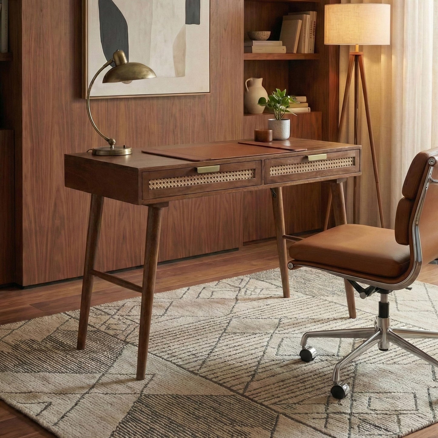 Casartis Living Ella Cane Solid Wood Desk w/Built-in-Outlet (Walnut)