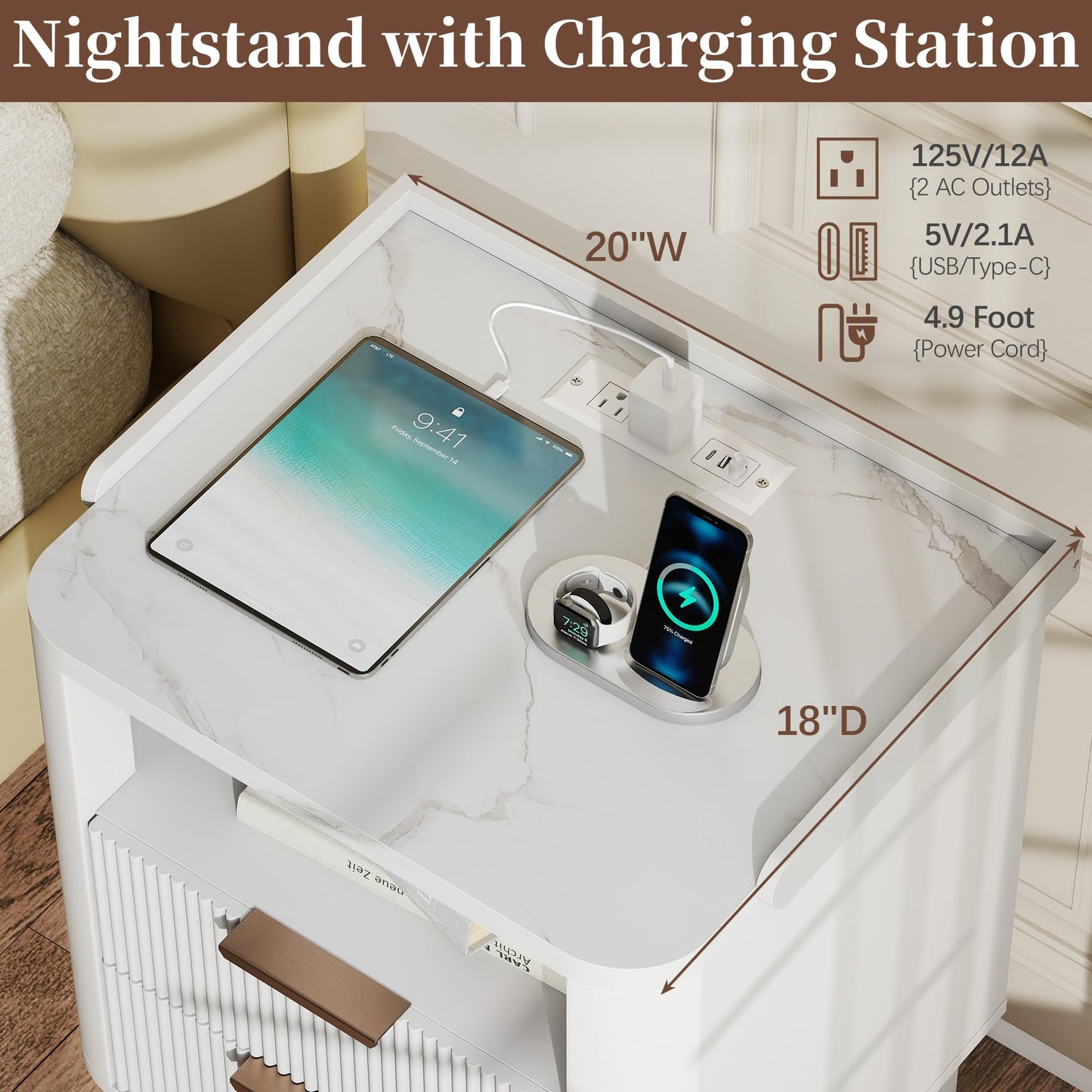 Baoz White Fluted Nightstand with Charging Station & 2 Drawers for Bedroom