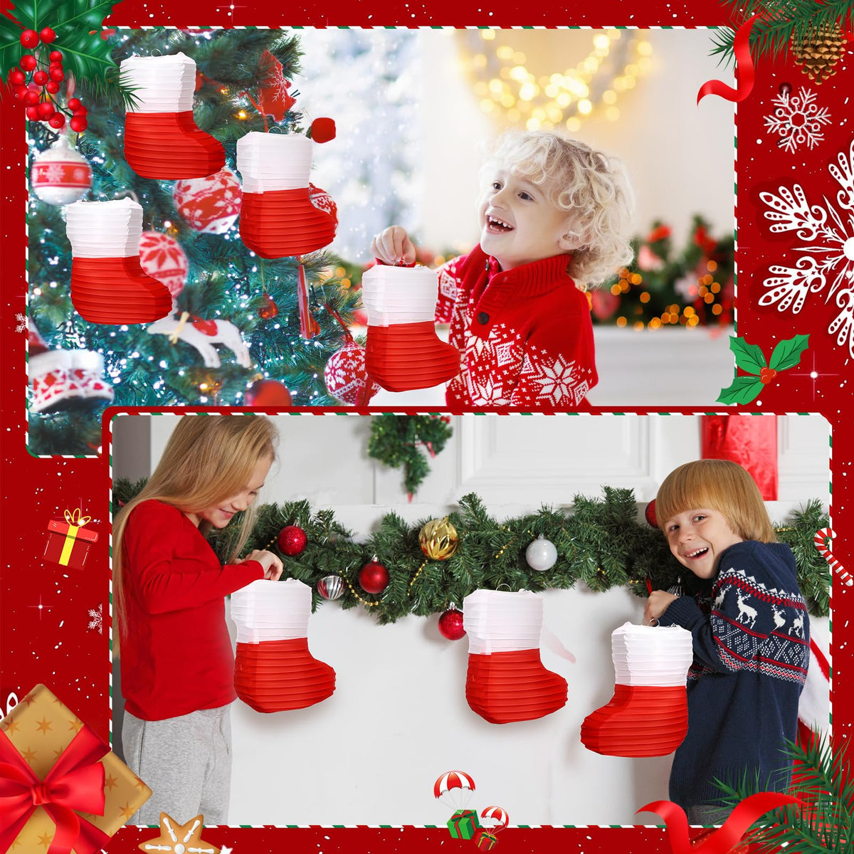 Hortsun 12 Pcs Christmas Paper Lanterns Christmas Stocking Paper Lanterns 8 Inch Red White Xmas Stocks Honeycomb Foldable Hanging Lantern for Xmas New Year Holiday Party Indoor Outdoor Hanging Decor