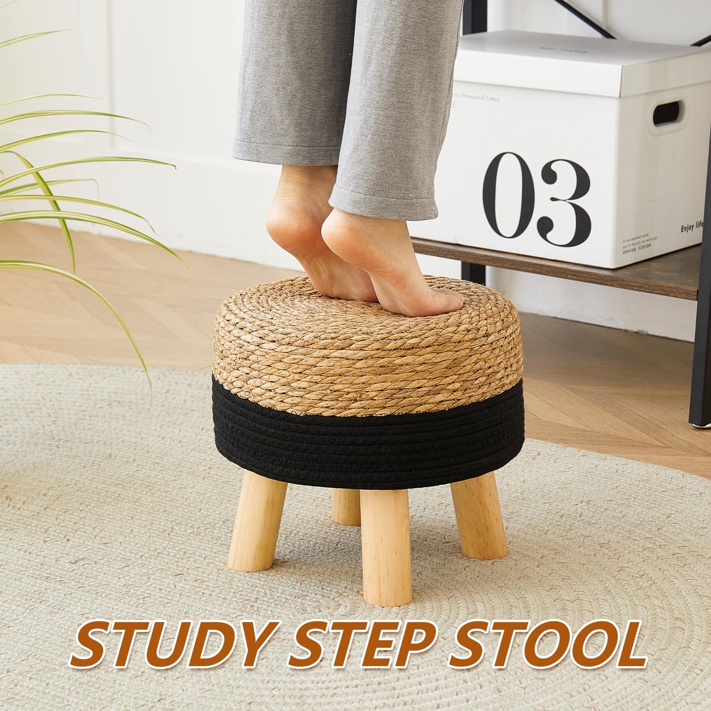 ALeesing Round Ottoman Natural Seagrass Footstool, Foot Stool with 4 Wood Legs, Hand Woven Round Footstool, Sofa Stool, Multifunctional Modern Dressing Stool, Sofa Side Table for Bedroom (Black)