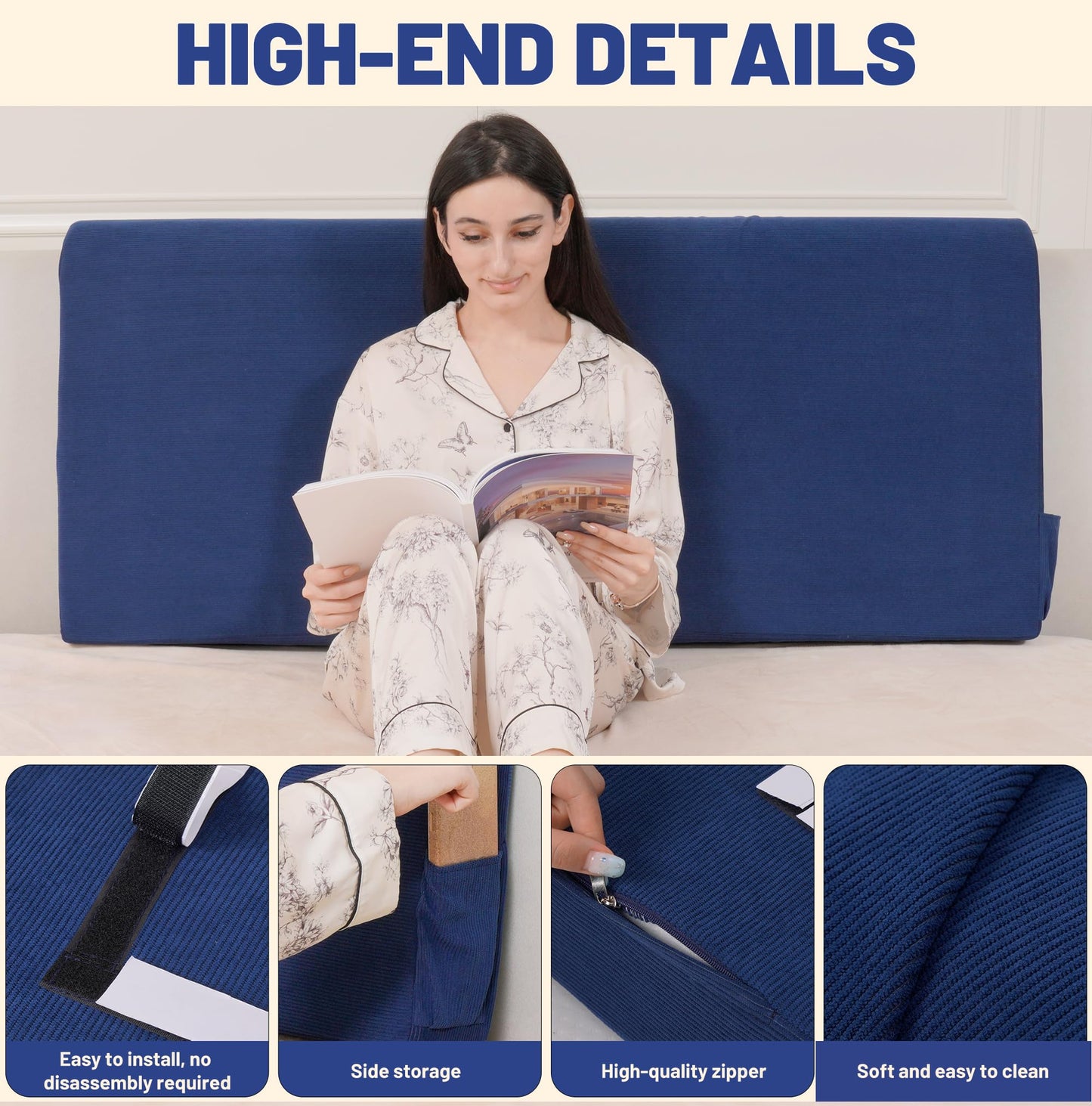Upholstered Cotton Velvet Full Headboard No Assembly Required Direct Installation, Soft Headboard with Storage Pocket, Removable Washable Cover, 3D Soundproof Bed Wall Panels, 54x4x24, Navy Blue