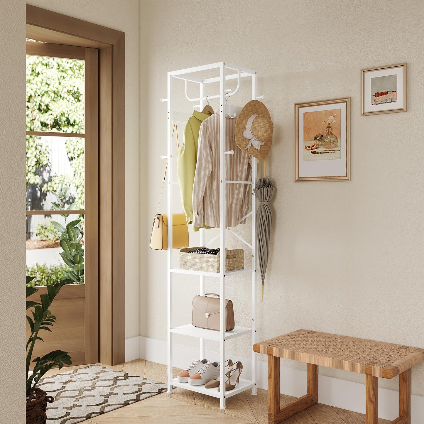 ELYKEN Coat Rack Freestanding, Hall Tree with 3 Storage Shelves and 12 Hooks, Industrial Clothes Rack Stand Organizer for Bedroom, Hallway, Entryway, Office, Living Room, White