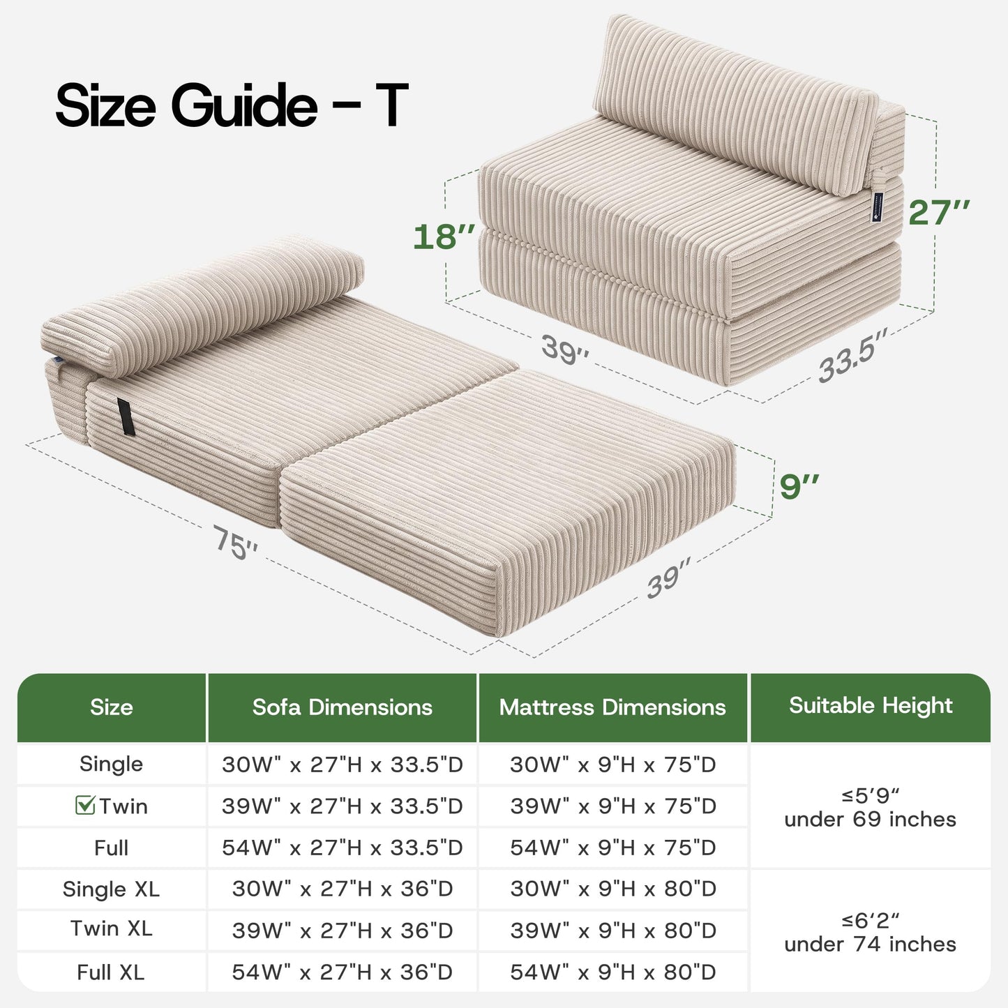 MEGAYES Convertible 4-in-1 Folding Sofa Bed Boneless Sleeper Chair Couch Foldable Chaise Lounger & Mattress Pocket Coils+Foam Fill Medium Support, No Assembly for Living Room/Bedroom, Twin Beige