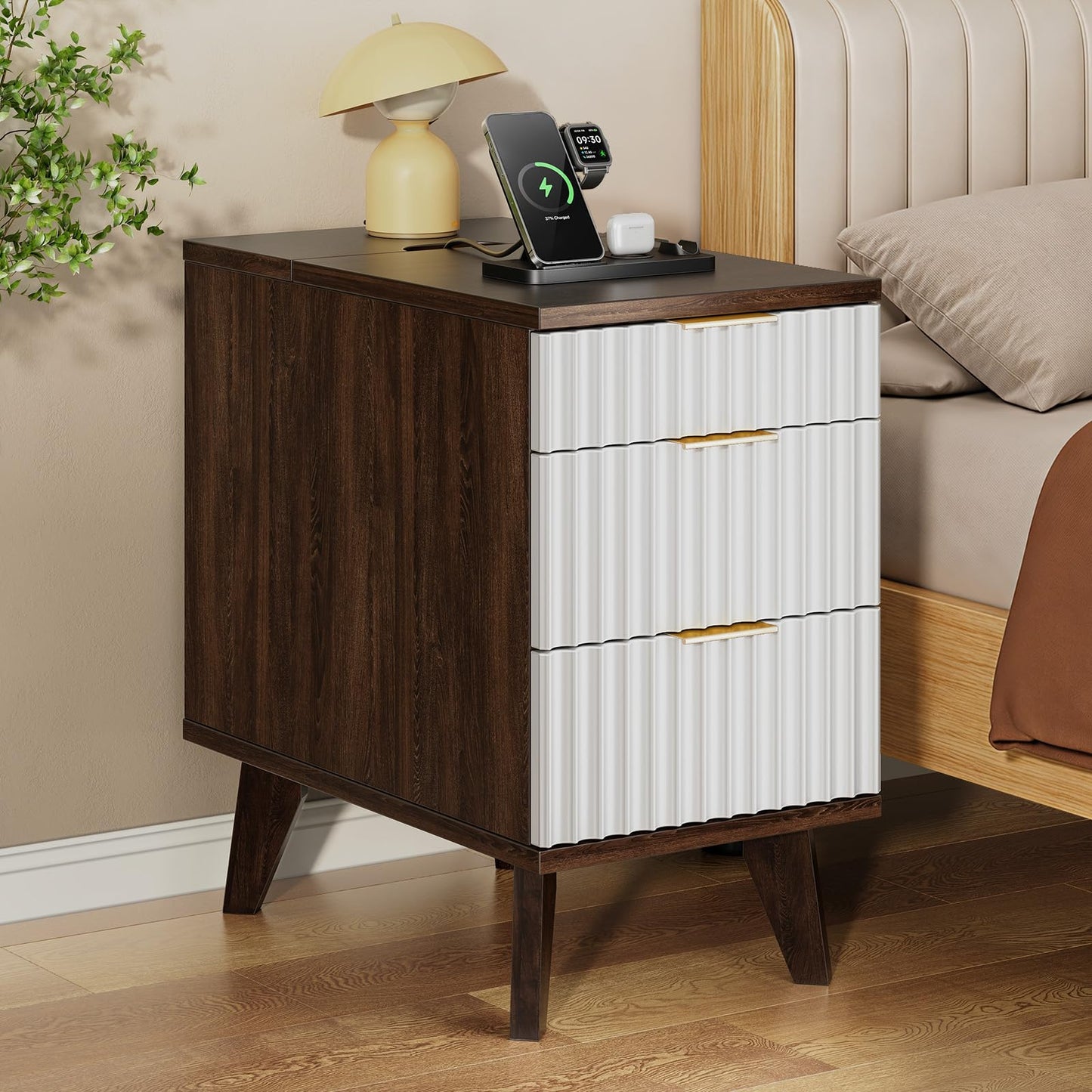 Kalrin Charging Nightstand with Hidden Outlets & 3 Drawers, Modern End Table, Bedside Table with USB Ports, Wave Groove Design, Compact Size, Heavy Duty Engineered Wood, Brown & White