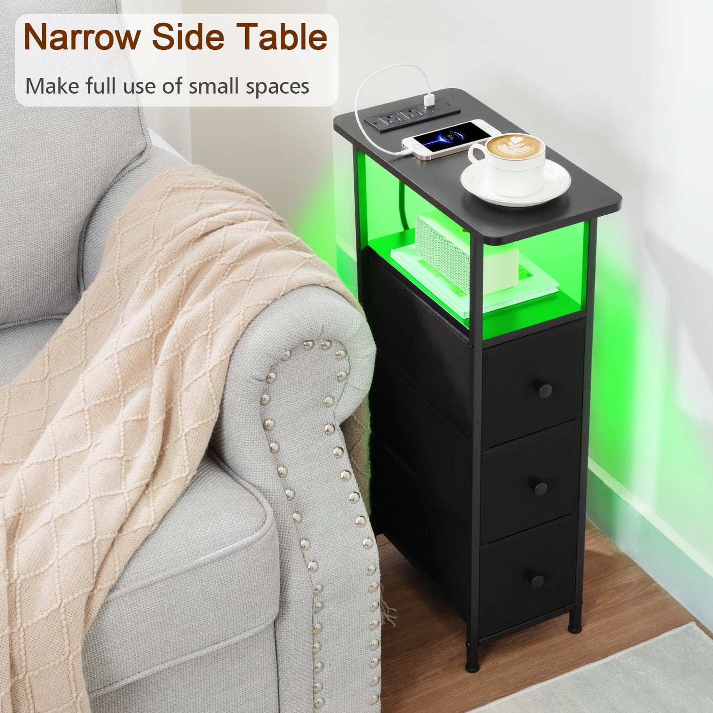 LOAKEKEL Narrow End Table Living Room with Charging Station, Skinny Side Table with Fabric Drawers, Slim LED Nightstand for Bedroom, Small Spaces, Couch, Black, HETNDP03LBK-1