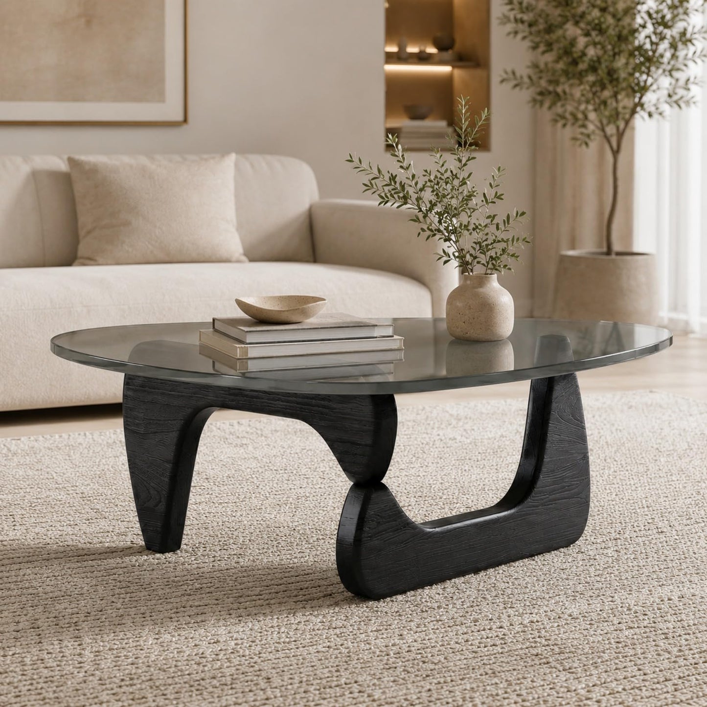QHRAY Modern Glass Coffee Table, Black Wood Grain Base, Gray Tempered Glass Top, 32" Center Table, Black Coffee Table for Living Room Apartment Office Lounge Reception Bedroom