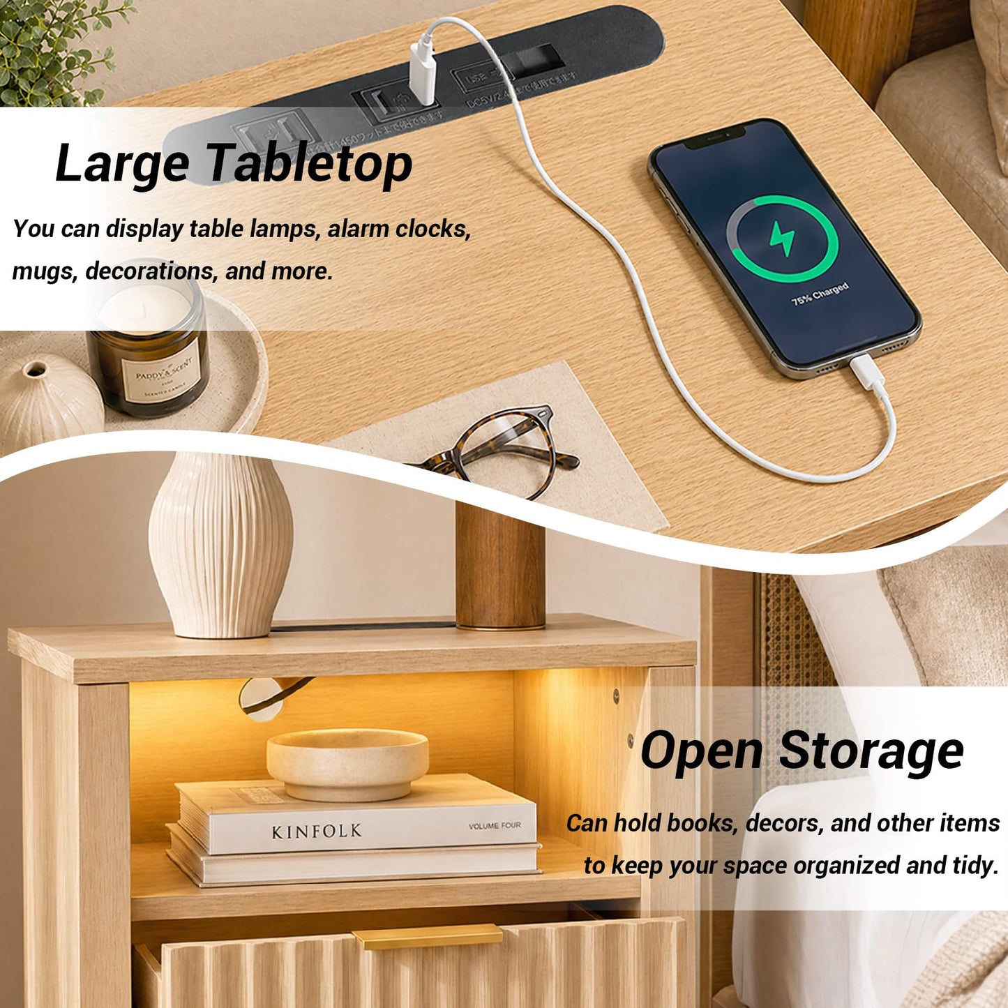 Fluted Nightstand with Charging Station & LED Light, 2 Drawer Bedside Table with Open Shelf, Modern Mid Century End Table with USB Outlet for Bedroom, Small Spaces, Oak, 18.5" x 11.8" x 25.6"