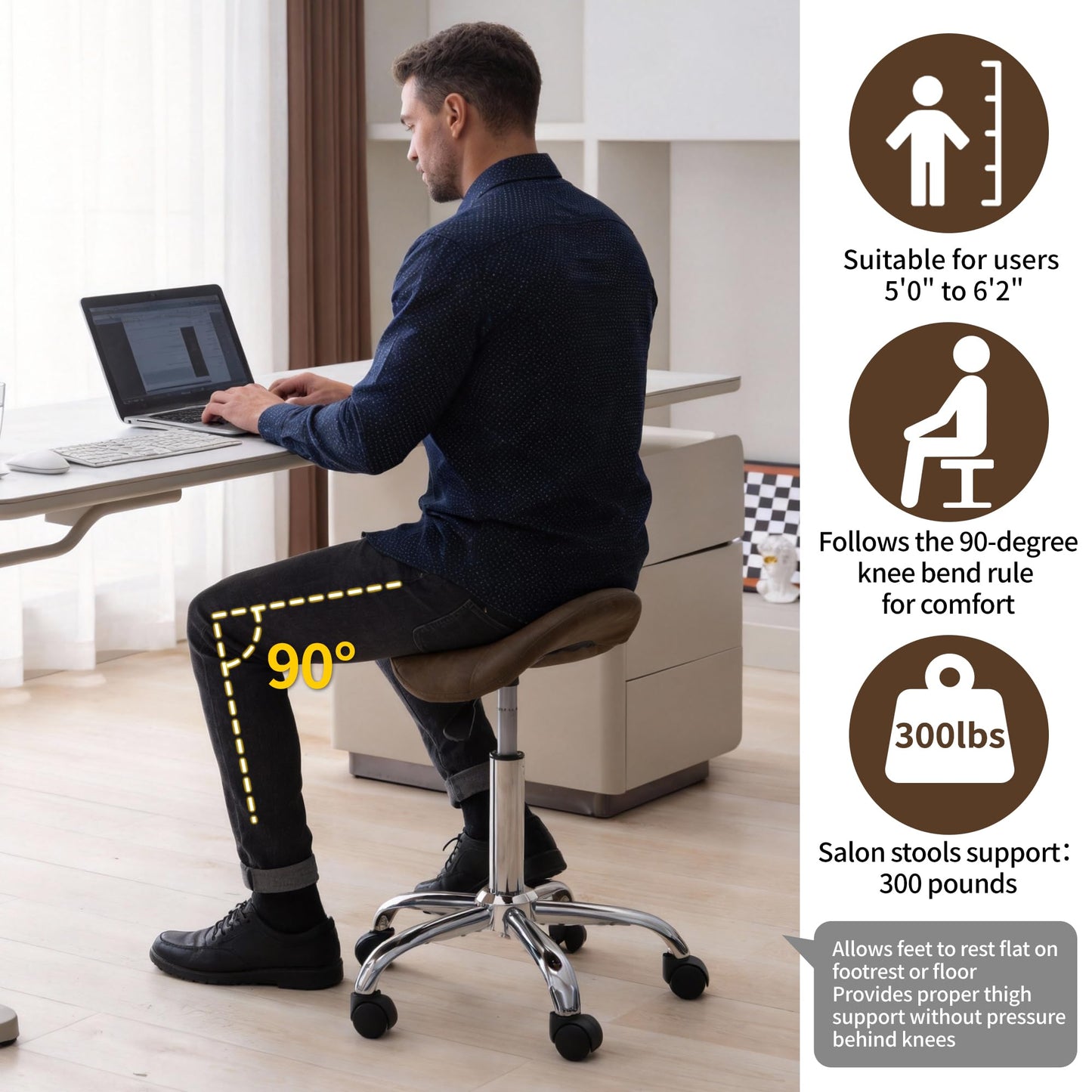 FIRAVOE Saddle Stool, Swivel Saddle Stool with Wheels, Adjustable Rolling Stool 18"-26", Faux Leather Rolling Stool for Salon, Massage, Clinic, Lab, Office (Tan, 1PCS (18"-26"))