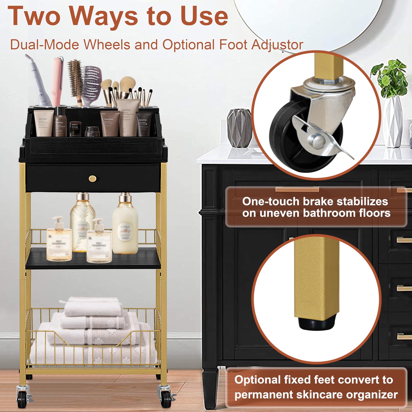 NauwaBarn Large Makeup Organizer Cart with Hair Tool Holder, Rolling Makeup Cart with Drawer, 2-in-1 Vanity Organizer Cosmetic Display Cases for Skin Care Perfume Nail Polish Brush Tools, Gold & Black