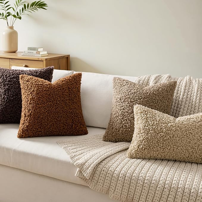 Faux Fur Throw Pillow Covers 18x18 Inch Set of 2 Boucle Neutral Decorative