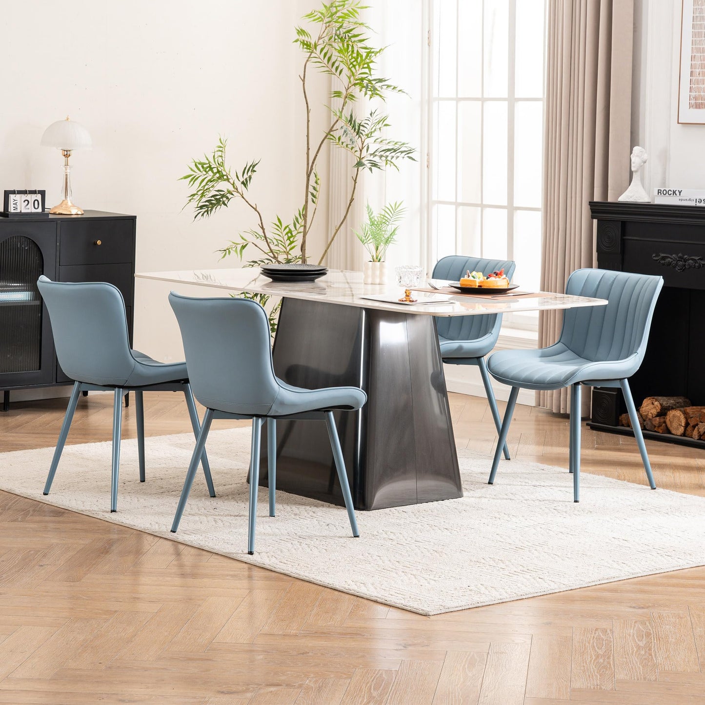 YOUNUOKE Mid-Century Modern Dining Chairs Set of 2, Blue PU Leather Upholstered Kitchen Chairs with Blue Metal Legs, Armless Accent Chair for Dining Room, Guest Reception Room