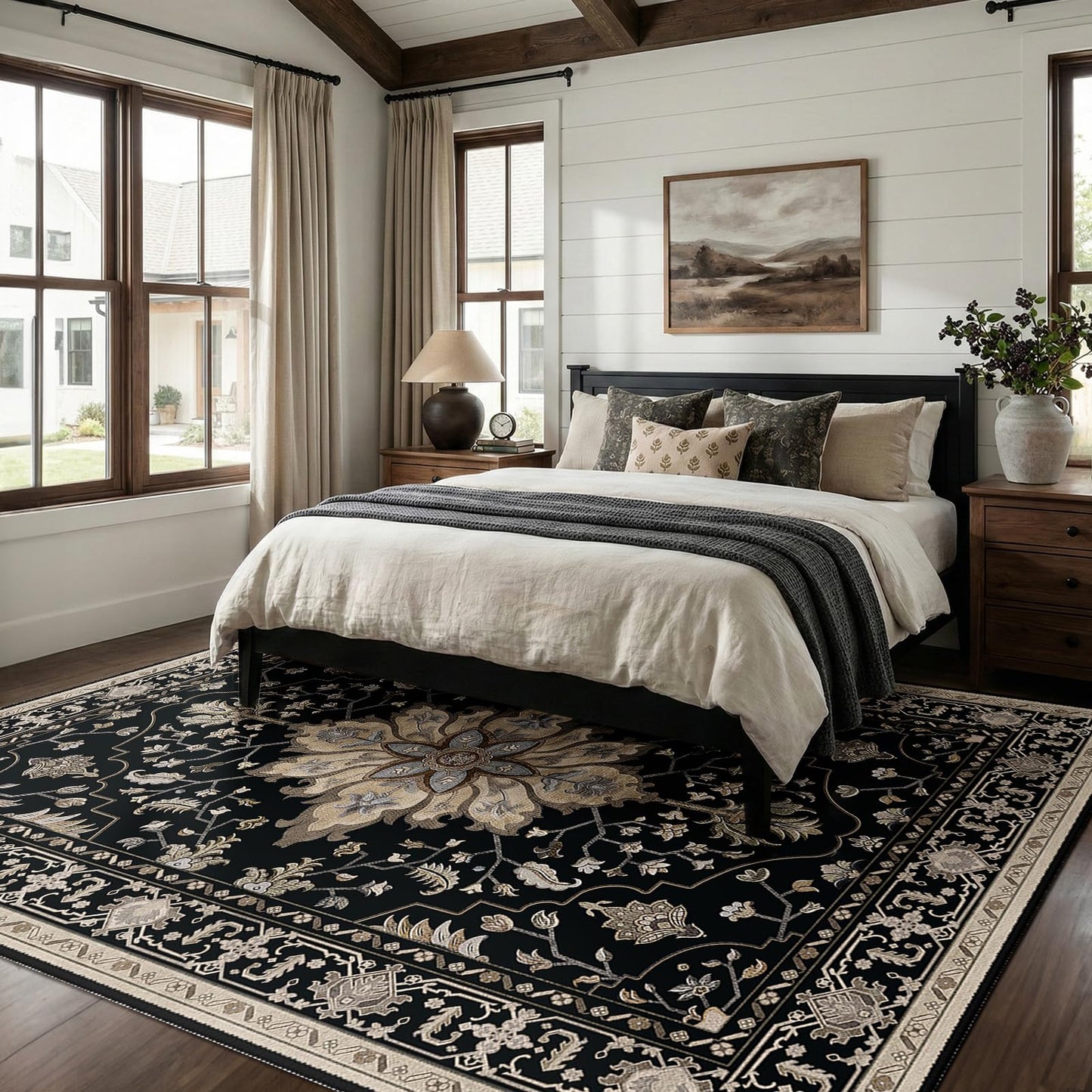 RELEANY Area Rugs 8'x10' Washable Non-Slip, Floral Vintage Distress Medallion Carpet for Living Room Bedroom Dining Room, Black Brown Neutral Dark Tan