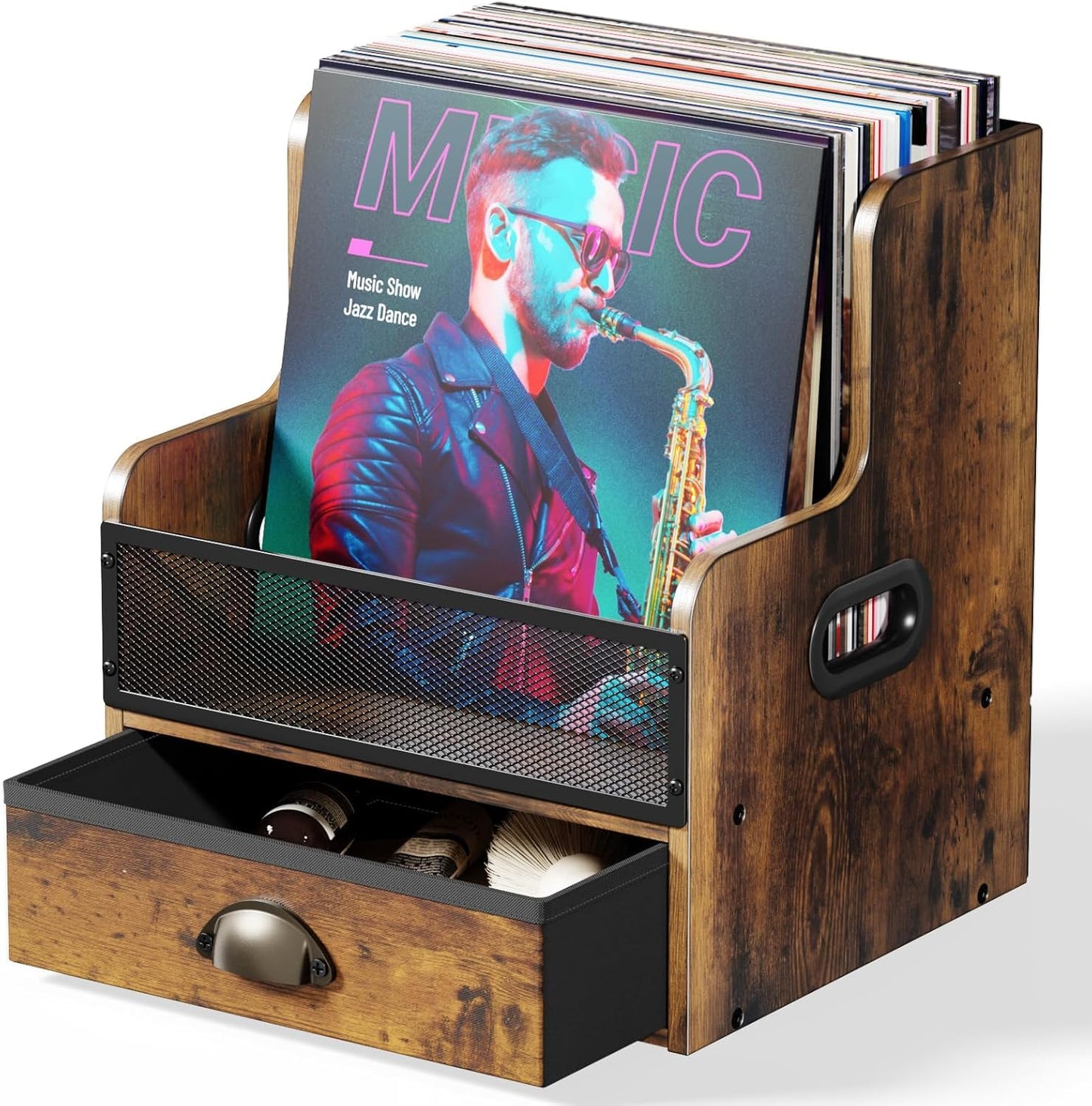 JunVpic Vinyl Record Storage Crate with Drawer – Wooden & Metal LP Record Holder Box for Home, Desktop & Music Room, Holds 100+ Vinyl Albums, Books, and Files