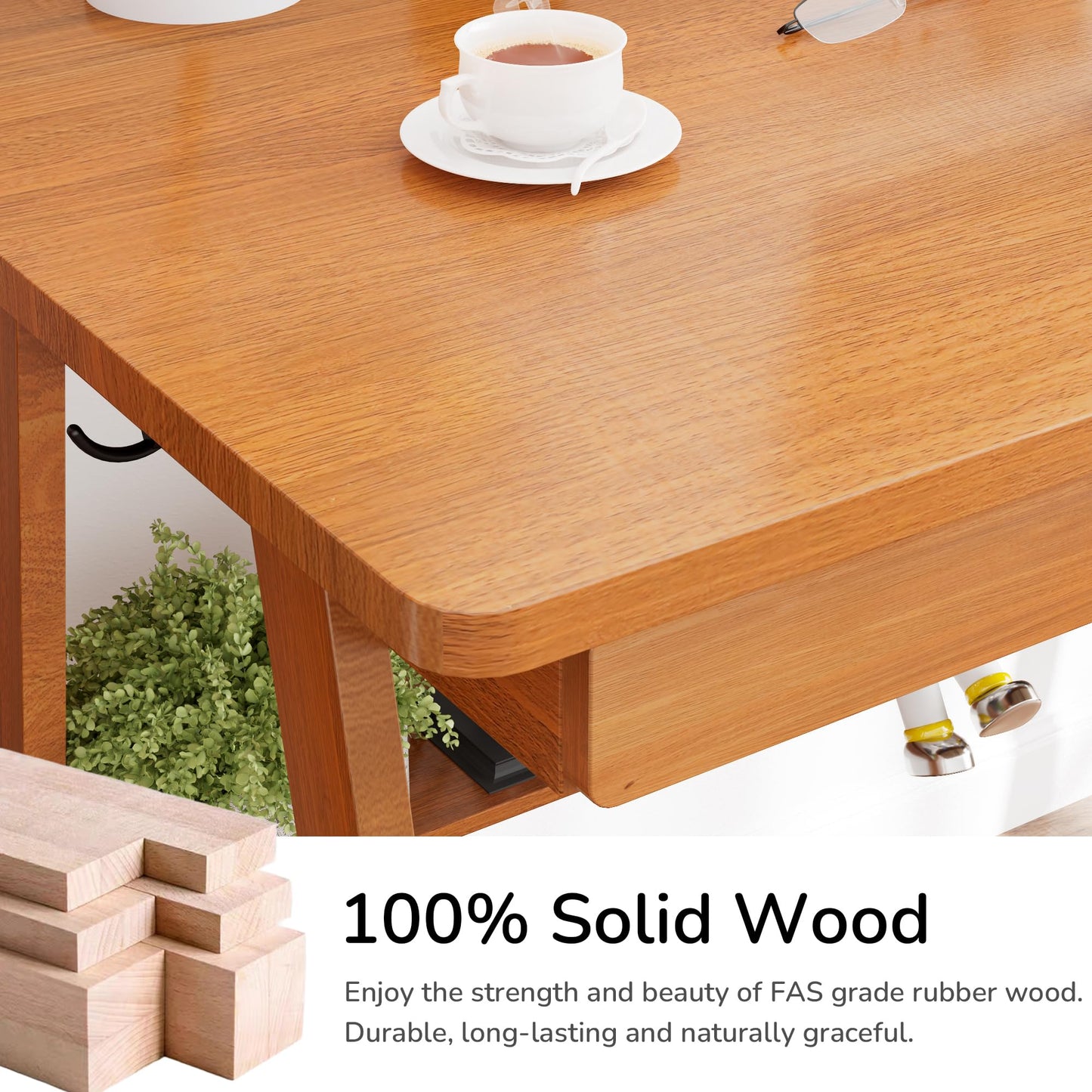 100% Solid Wood Writing Desk - 47.2" Mid Century Modern Desk, Home Office Desks with 2 Drawers and Storage Shelf, Small Computer Desks, Study Makeup Workstation for Bedroom/Living Room, Walnut