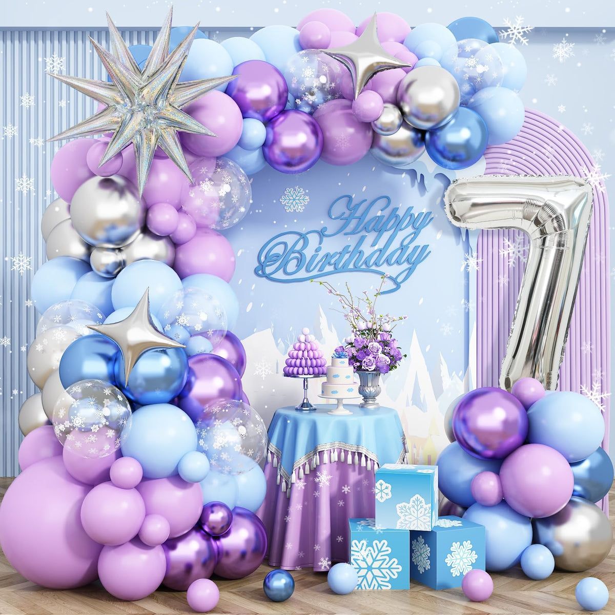 Snow 7th Birthday Decorations Girl, Snowflake Balloon Garland Arch Kit, Laser Explosion Star Balloons, Silver Number 7 Balloon Tower for Baby Shower Girls 7th Snow Theme Party Supplies