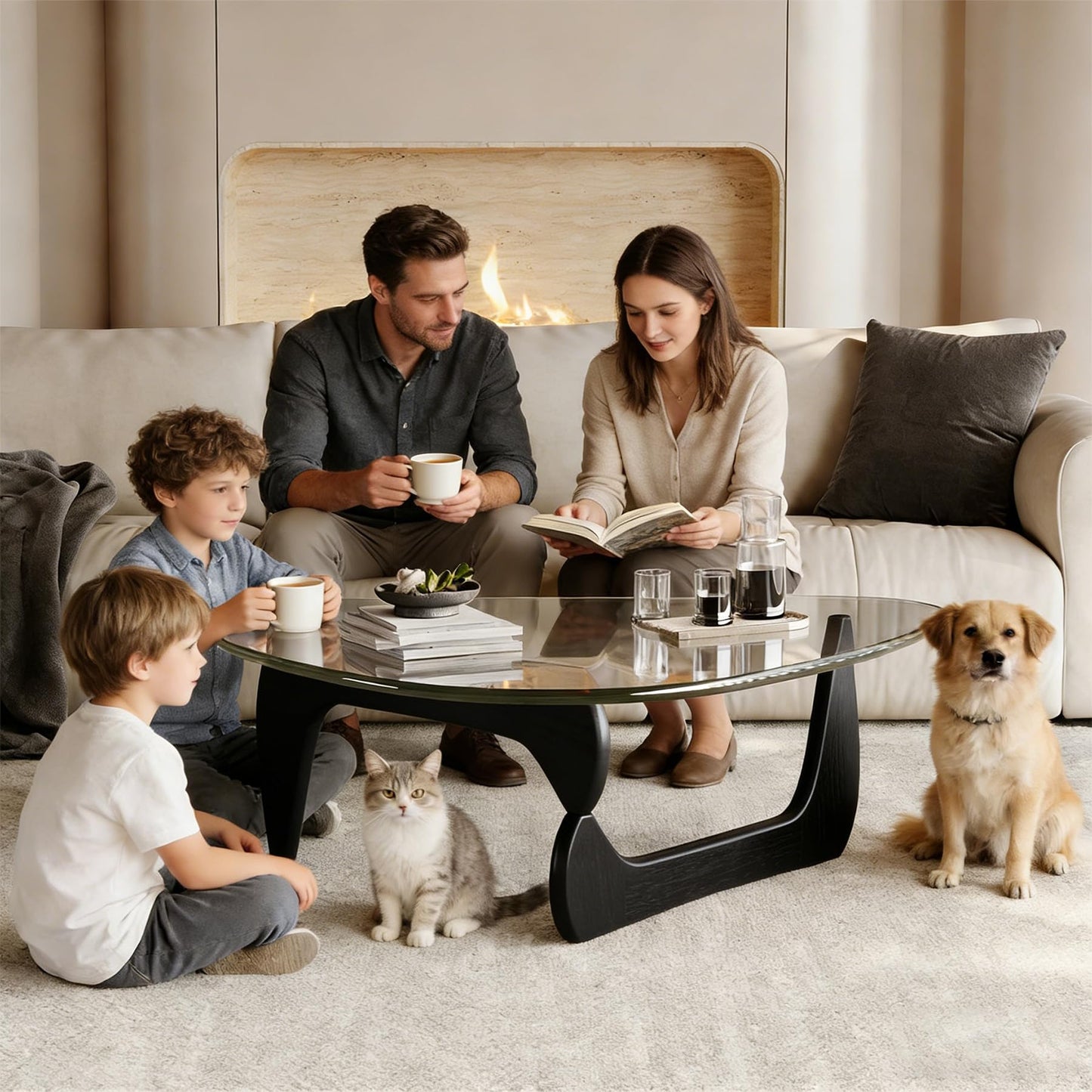 DESYIFO Morden Coffee Table, 44.9″×32.3″×15.8″ Coffee Tables for Living Room, with Triangle Tempered Glass Top & Wood, Abstract