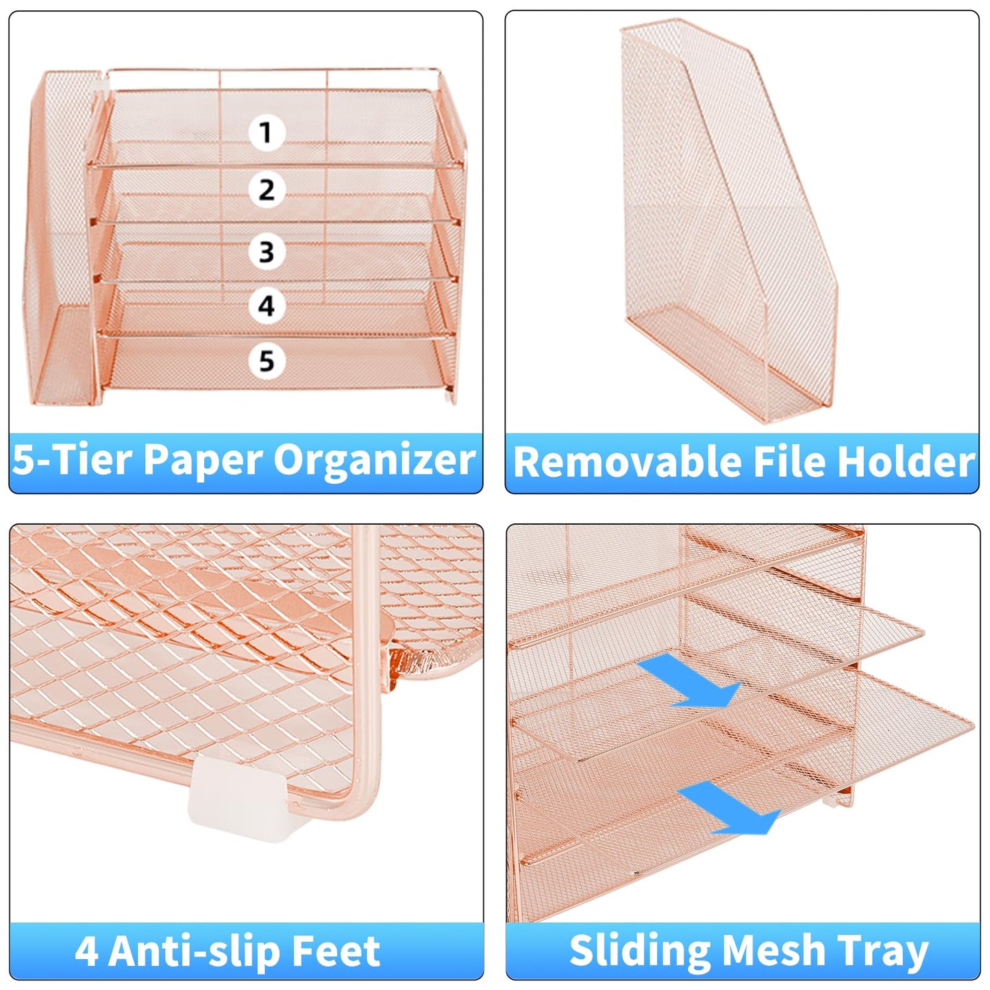 OPNICE Desk Organizer, 5-Tier Paper Organizer Letter Tray with Magazine Holder, Office Desk Accessories & Workspace Organizers, Desktop File Organizer for Office Supplies Storage, Rose Gold