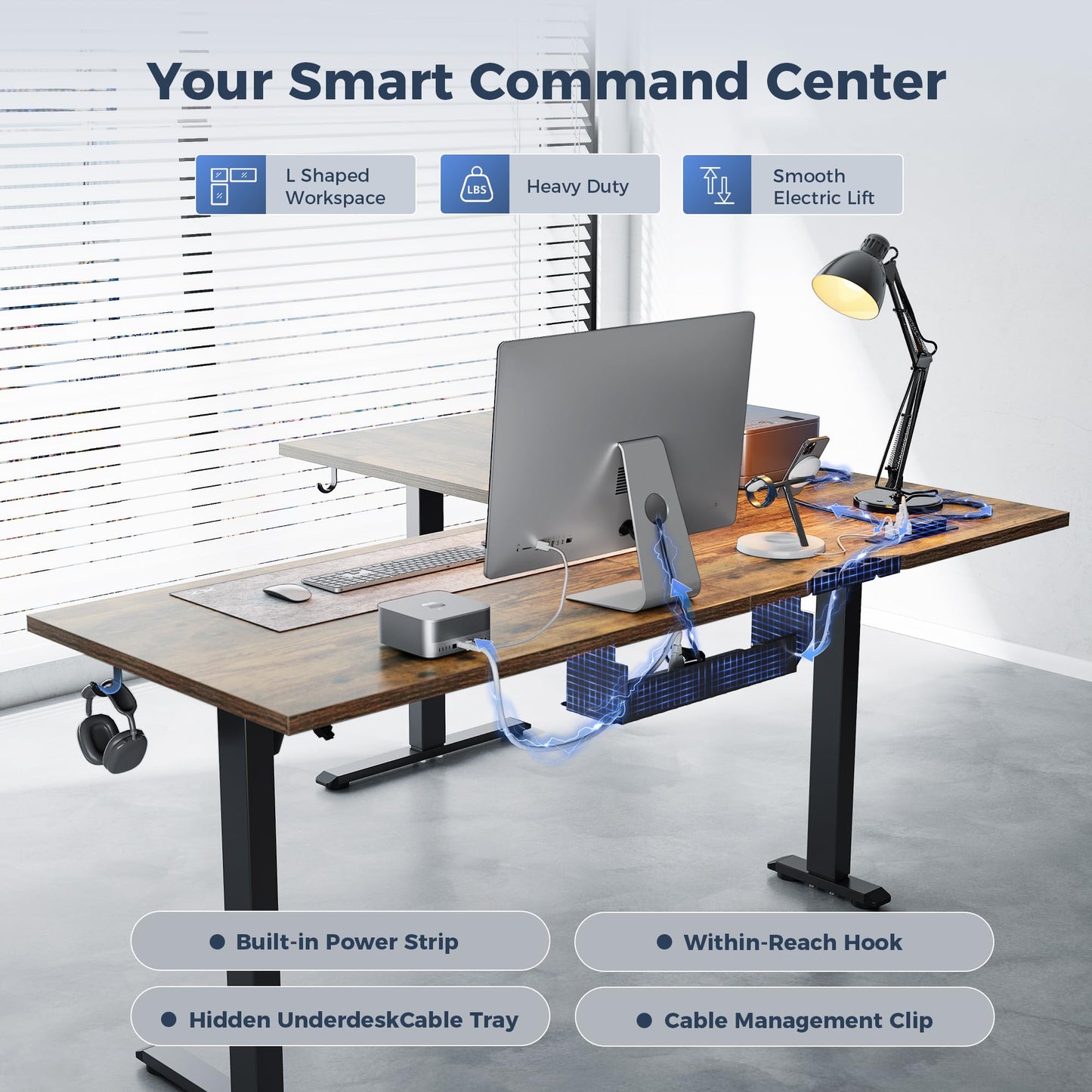 Klicelor L Shaped Standing Desk 63 x 48 Inch,Electric Height Adjustable Corner Desk with Cable Management & Power Outlets, Ergonomic Sit Stand Up Computer Table for Home Office,Rustic Brown