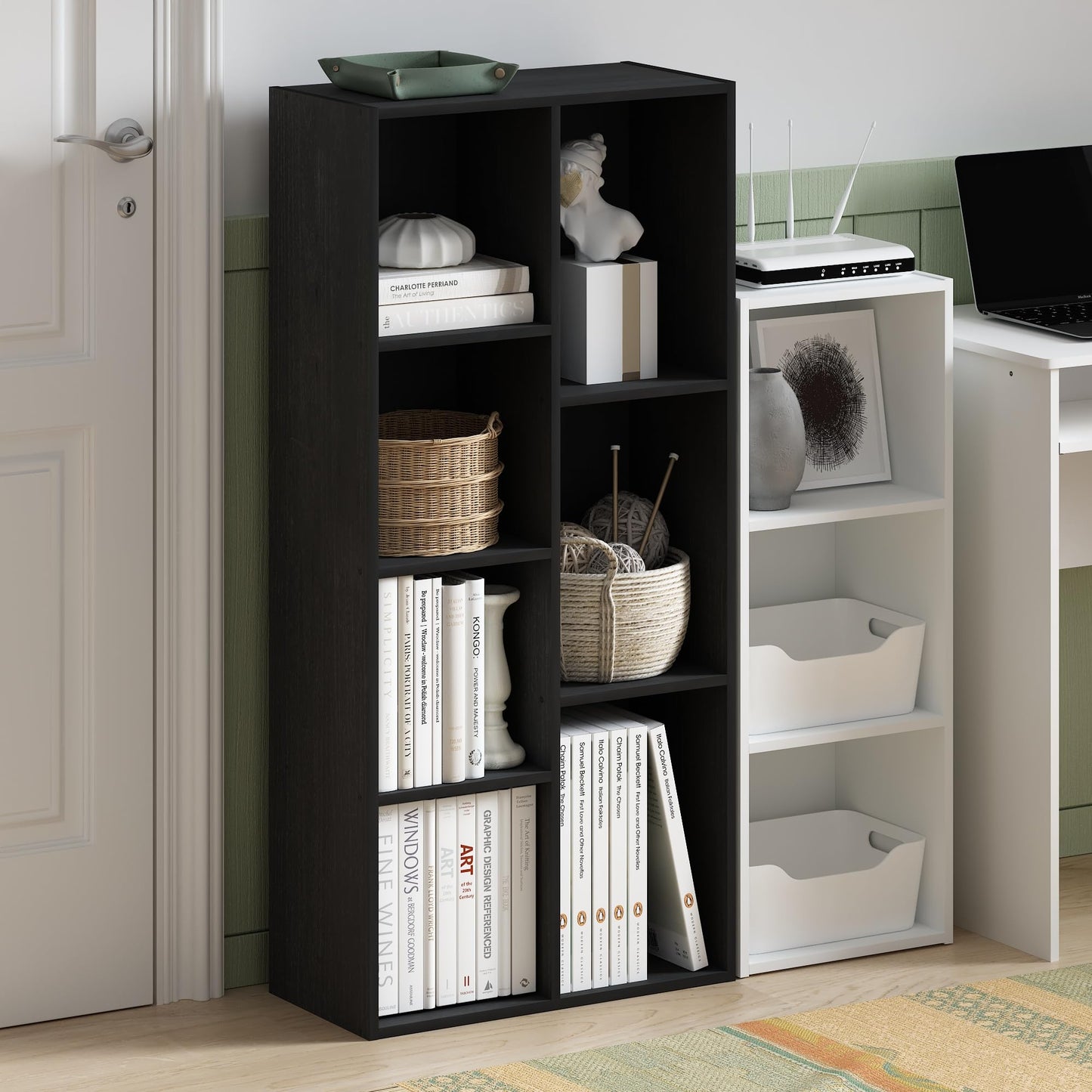 Furinno LUDER Book Shelf, 7-Cube Bookshelf, Bookcase with Open Shelves, 9.4 x 19.5 x 41.7, Easy Assembly, for Living Room, Bedroom, Home Office, Blackwood