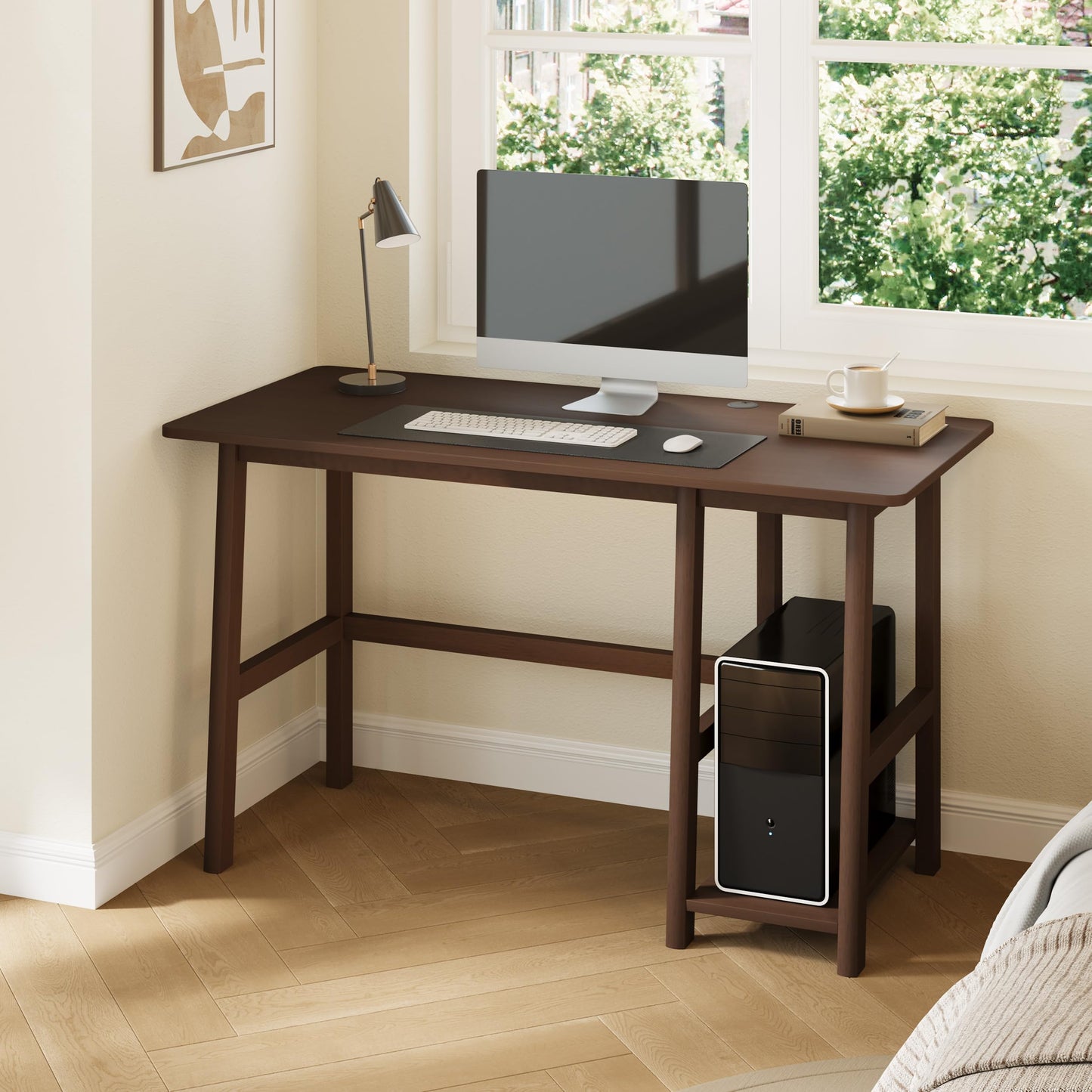 NELYE Solid Wood Computer Desk - 52" W x 24" D Modern Minimalist Table with Shelf，Sturdy Computer Workstation for Home Office, Walnut