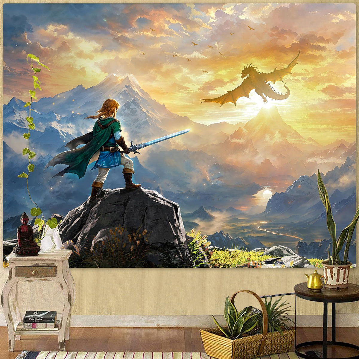 Spenlife Heroic Dragon Landscape Wall Tapestry, Fantasy Mountain Quest Tapestries for Room Decor, Epic Tapestry 60x44 Inch