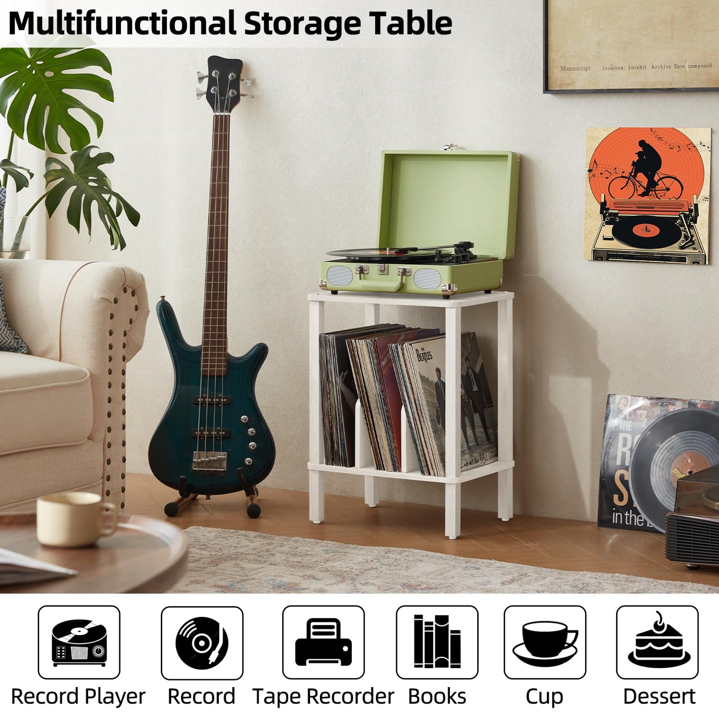 LELELINKY 2-Tier Record Player Stand with Vinyl Record Storage up to 100 Albums, Bedroom Record Holder and Multi-Functional End Table for Living Room, Grey White