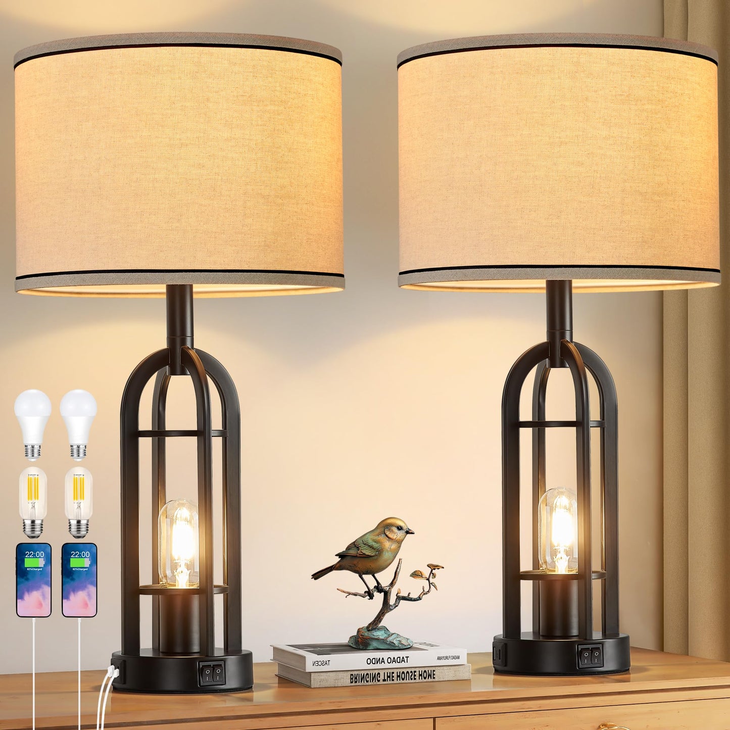 SRJJA Black Table Lamps for Living Room Set of 2 - Farmhouse Industrial Lamps for Night Stands with Night Light & USB A+C, 24" Rustic Bedside Lamp for Bedroom, Bulbs Included