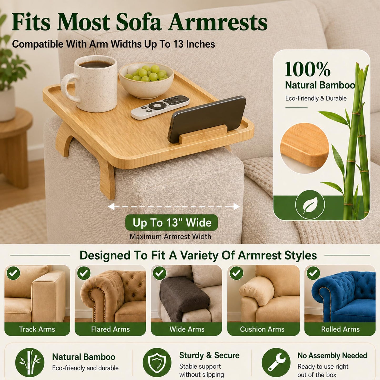 WOODSPROUT Bamboo Couch Cup Holder Tray, 4 in 1 Foldable Couch Arm Tray Table with 360° Rotating Phone Holder, Non-Slip Sofa Armrest Tray for Drinks, Snacks, Remote, Fits 3-13 Inch Flat Arms