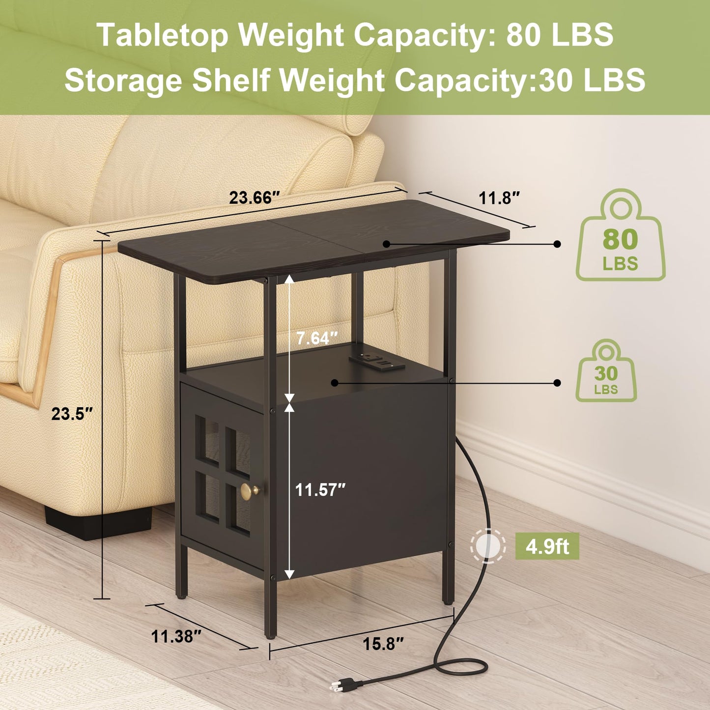 Farmhouse Narrow Side Table with Charging Station - 3-Tier End Table with USB & Outlets Compact Bedside Storage Table for Small Spaces, Multi-Functional Accent Table for Couch Corner Entryway Black