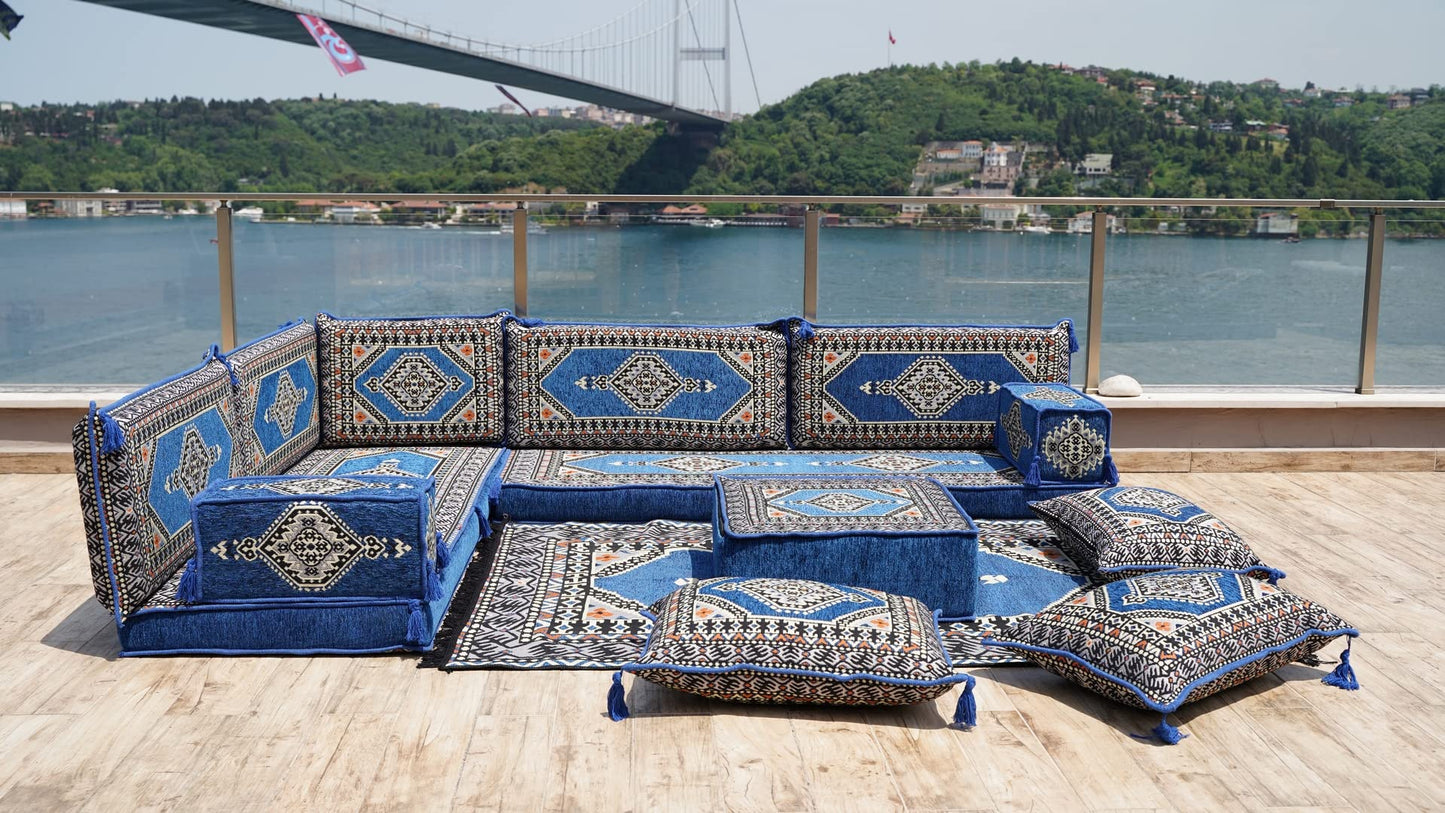 L Shaped Arabic Floor Cushions, Sectional Sofas, Arabic Majlis Set, Custom Made Sofa, Arabic Sofa Set, Seating Cushions (4'' Thickness Sofa, L Sofa Full Set, Royal Blue)