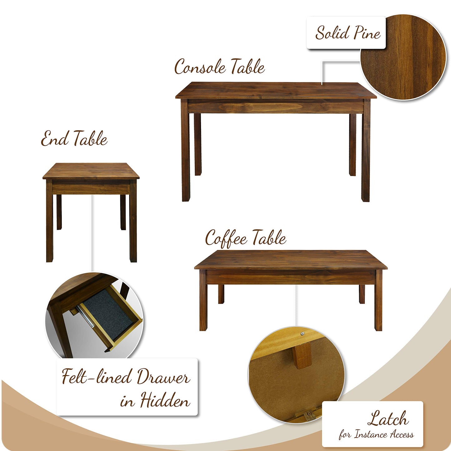 Casual Home 615-15 Kennedy End Table with Concealed Drawer, Concealment Furniture, Warm Brown
