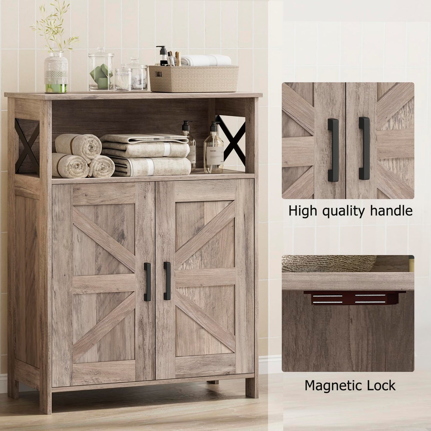 Homhedy Farmhouse Bathroom Storage Cabinet with 2 Doors, Toilet Paper Cabinet with Adjustable Shelf, Small Bathroom Cabinet for Kitchen/Laundry/Living Room, 11.8 x 23.6 x 31.5 Inches, Greige