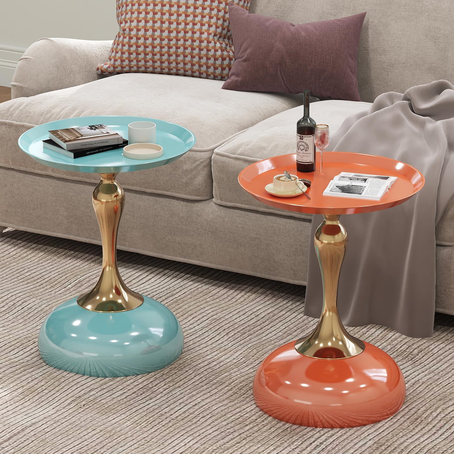 wangbochuan 1-Pack Light Green Sleek Hourglass Side Table - Glossy Finish & Metallic Base | Contemporary Accent End Table for Living Room, Cafe & Home Decor Spaces
