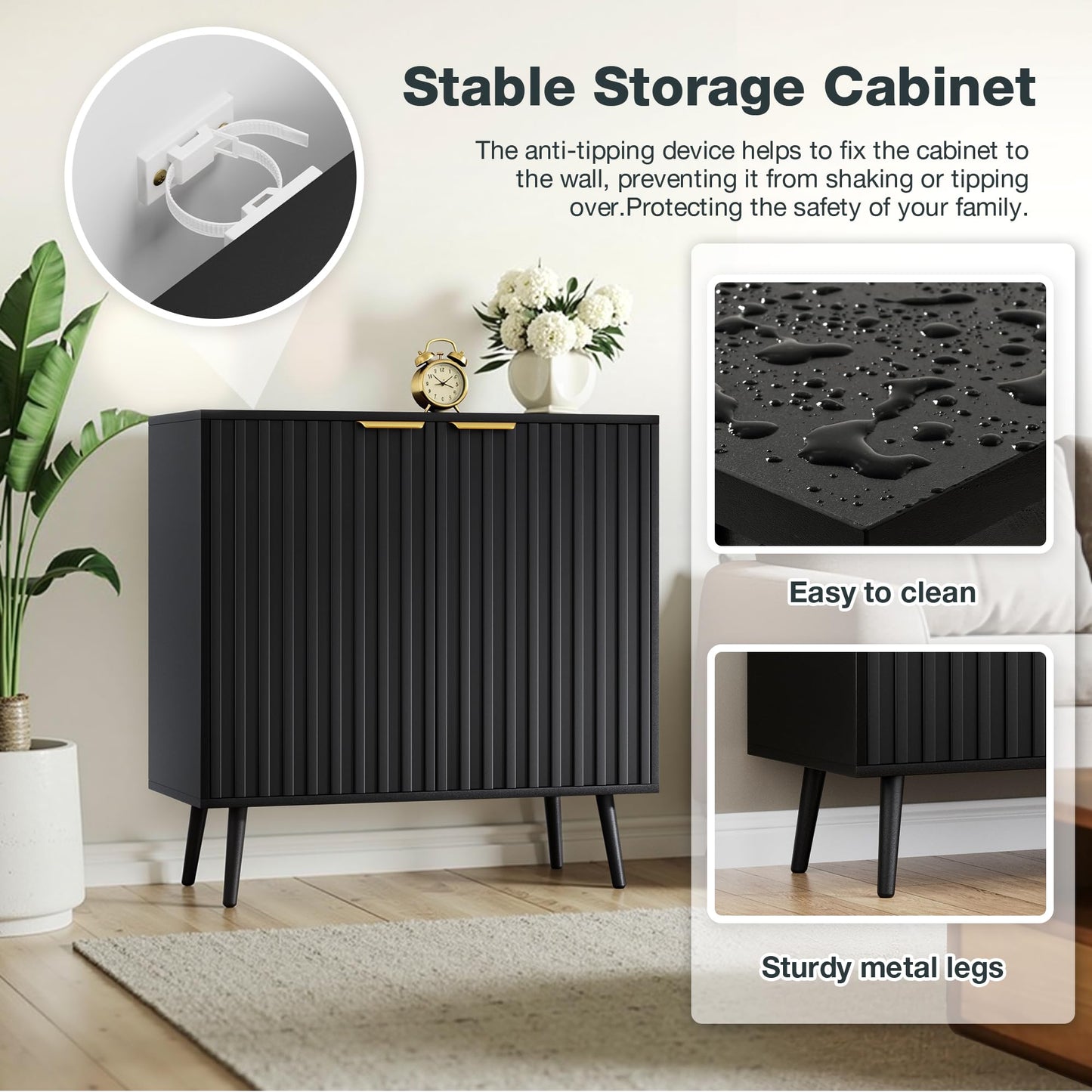 Vrullu Fluted Storage Cabinet, Black Sideboard and Buffet Storage with Adjustable Shelf, Wood Accent Cabinet for Living Room, Hallway, Entryway, Dining Room (1, Black+Gold)