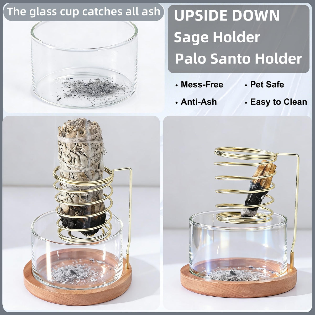 CrysDeco 2 in 1 Incense Holder for Burning Palo Santo & Sage Sticks, Lasting Burning Upside Down Palo Santo and Sage Burner Smudge Bowl for Yoga Meditation Spiritual Altar, Ash-Free, Wind-Resistant