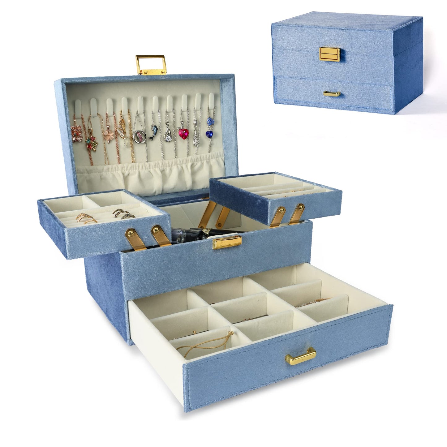 Dajasan Jewelry Organizer Box, Large Jewelry Boxes for Women Girls, Space-Saving 3 Layers Jewelry Storage Case with Drawer, Gift Idea for Christmas, Valentine's Day, Birthday, Mother's Day (Blue)