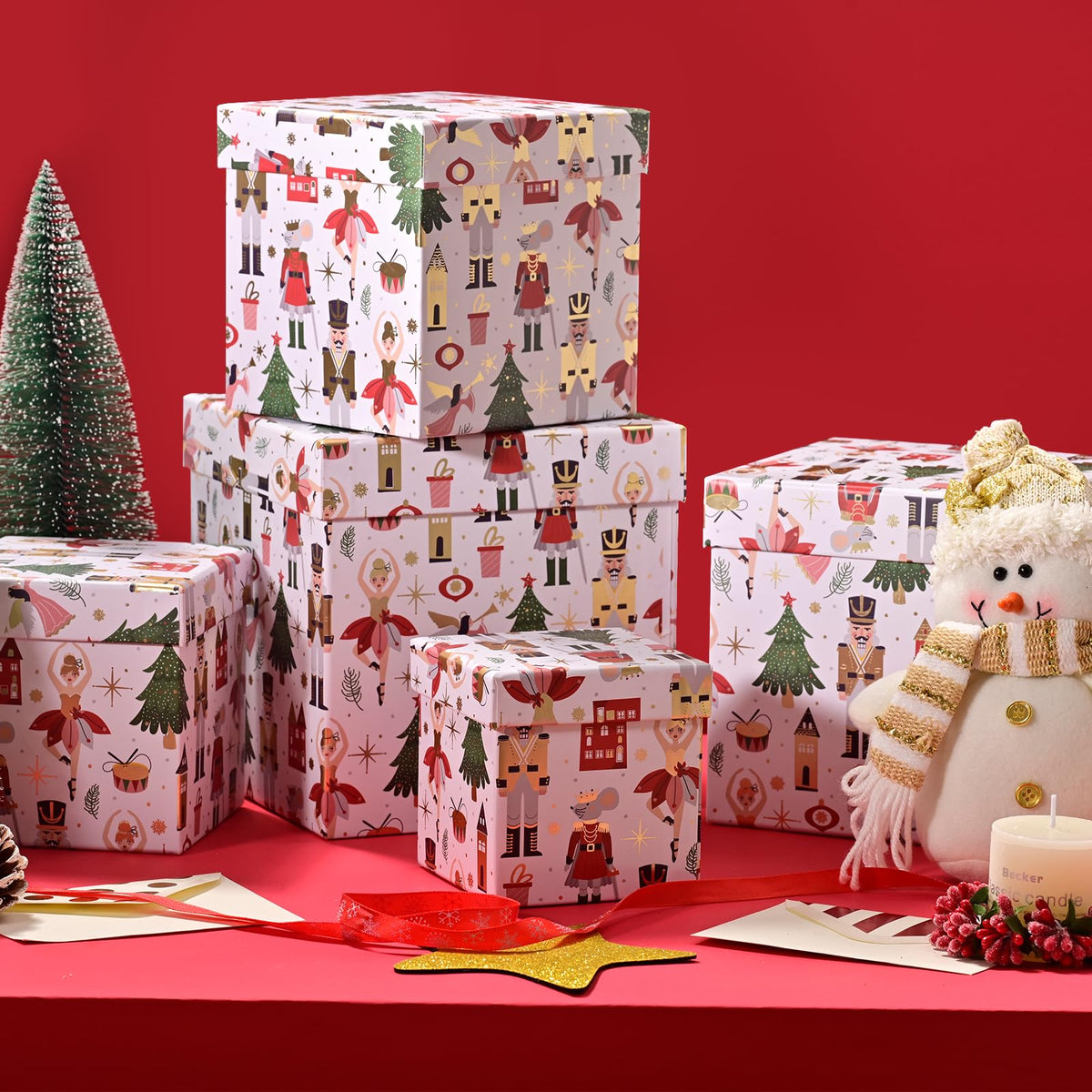 PAPER FAIR 5PCS Christmas Nesting Gift Boxes with Lid, Xmas Nested Box Set, 5 Sizes, Square Stackable, White Ballerina Nutcracker Paper Box Tower Décor, for Holiday Thanksgiving New Year Packaging