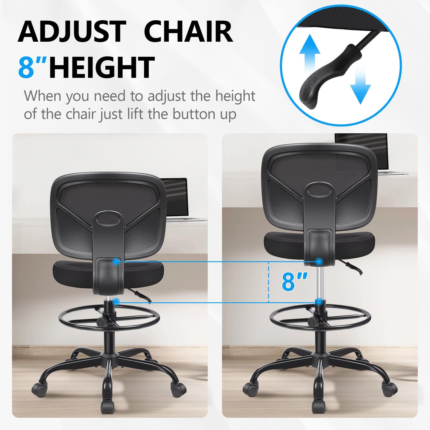 Primy Tall Drafting Desk Chair - Armless, Adjustable Height, Mesh Back, Rolling, Standing Desk Chair for Art Room, Office or Home (Black)