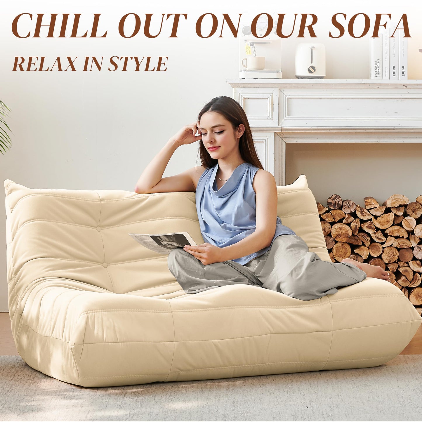 Bean Bag Chair, Loveseat Fireside Chair Bean Bag Sofa for Adults, 2 Seater Bean Bag Chairs for Teens with High-Resilience Foam, Memory Foam Bean Bag for Living Room, Bedroom, Office (Suede, Beige)
