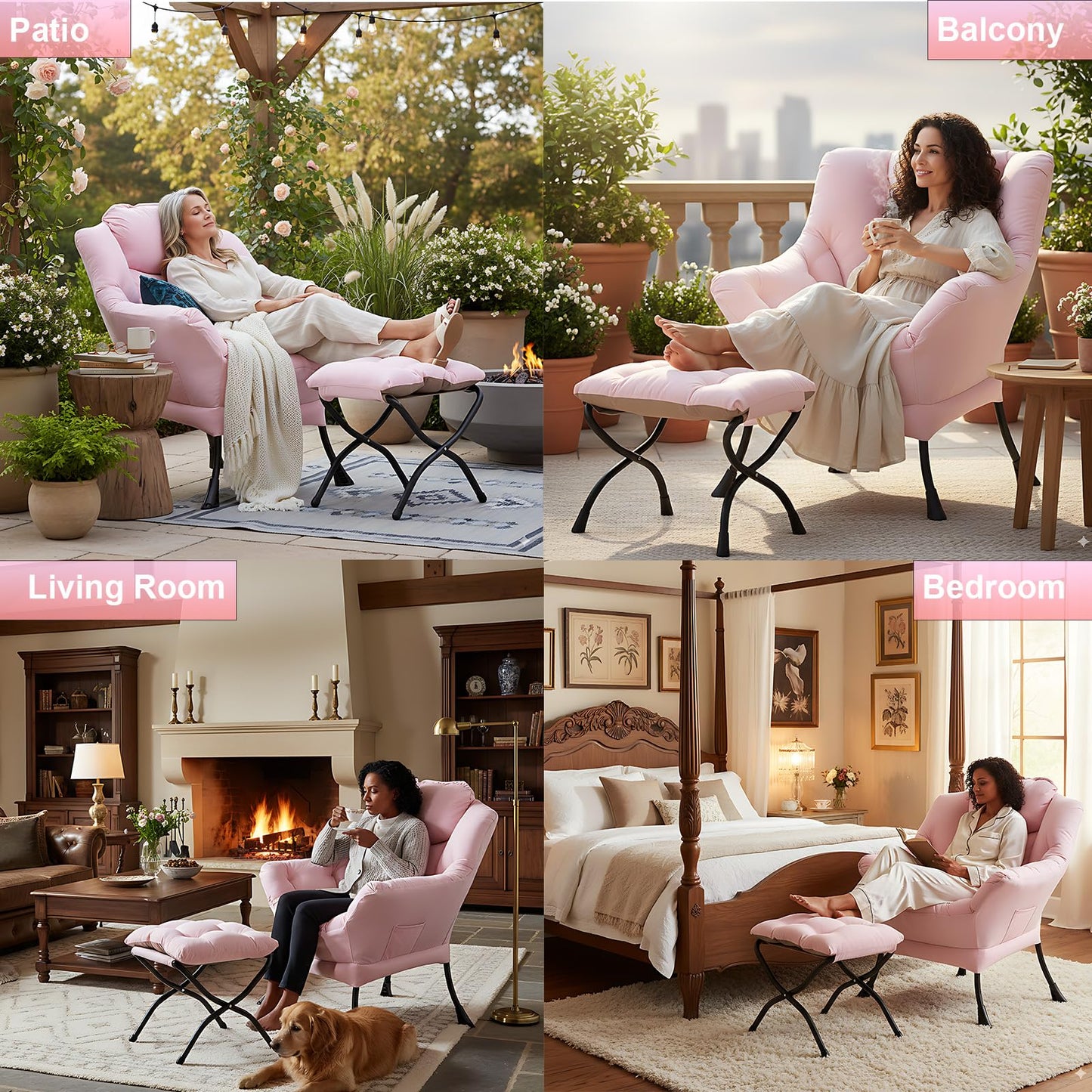 LITA Lazy Chair with Ottoman, Modern Accent Leisure Upholstered Sofa, Contemporary Lounge Reading Chair with Armrests and a Side Pocket for Living Room, Bedroom & Small Space, Pink