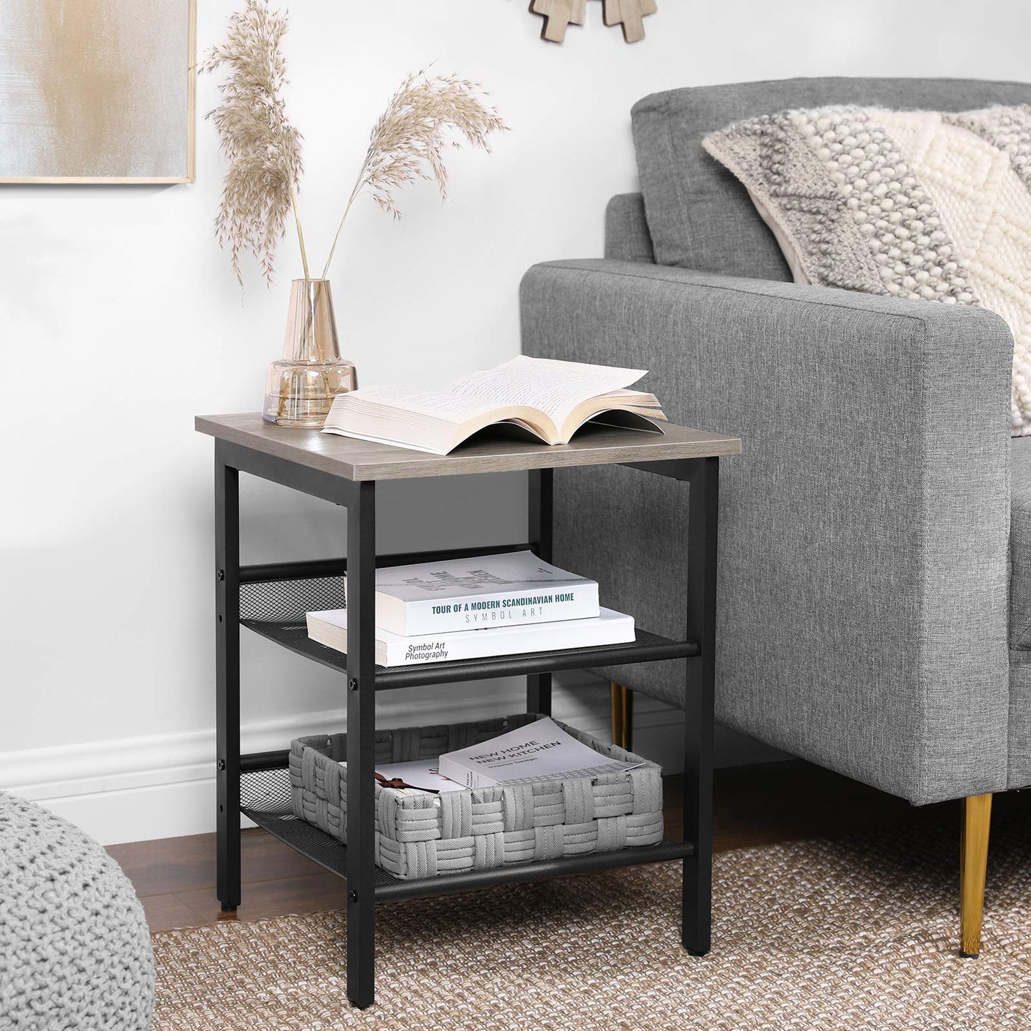 VASAGLE Nightstand, Set of 2 Side Tables, End Tables with Adjustable Mesh Shelves, for Living Room, Bedroom, Industrial, Stable Steel Frame, Easy Assembly, Greige and Black ULET024B02