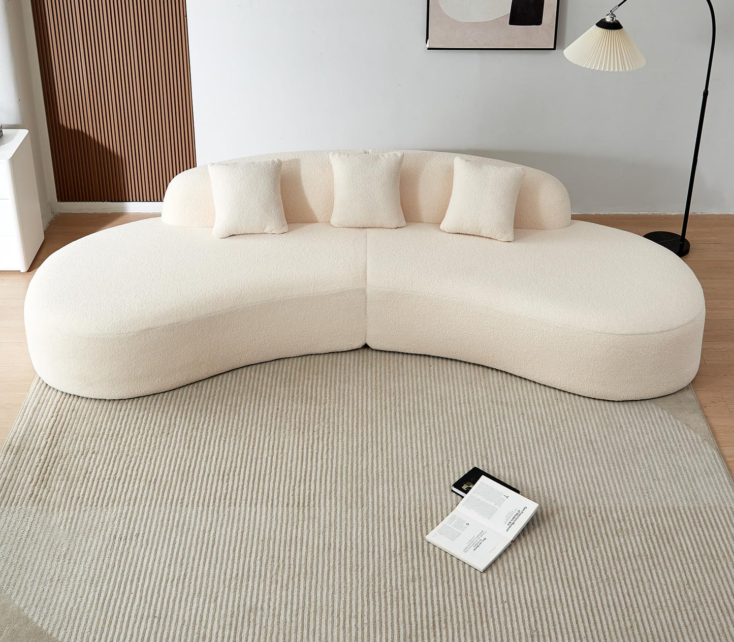 BBTJOINT Modern Curved Sectional Sofa, Boucle Fabric Boneless Couch, Oval Shape Chaise Lounge for Living Room with 3 Throw Pillows, Cream White
