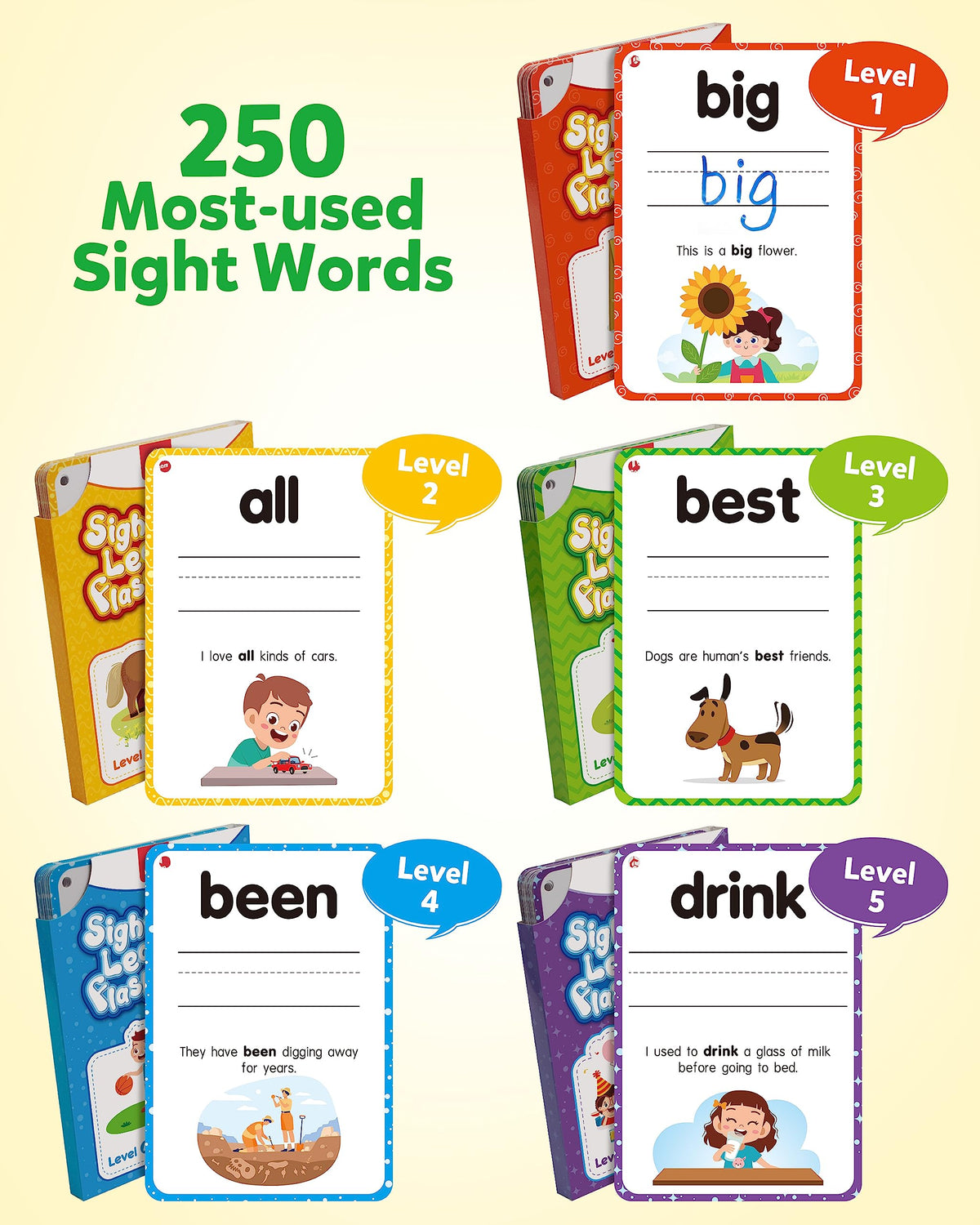 Coogam Sight Words Kids Learning Flash Cards, 250 Dolch Word Game Reading Vocabulary Card Montessori Toy for Kindergarten Preschool 3 4 5 Years Old Toddlers