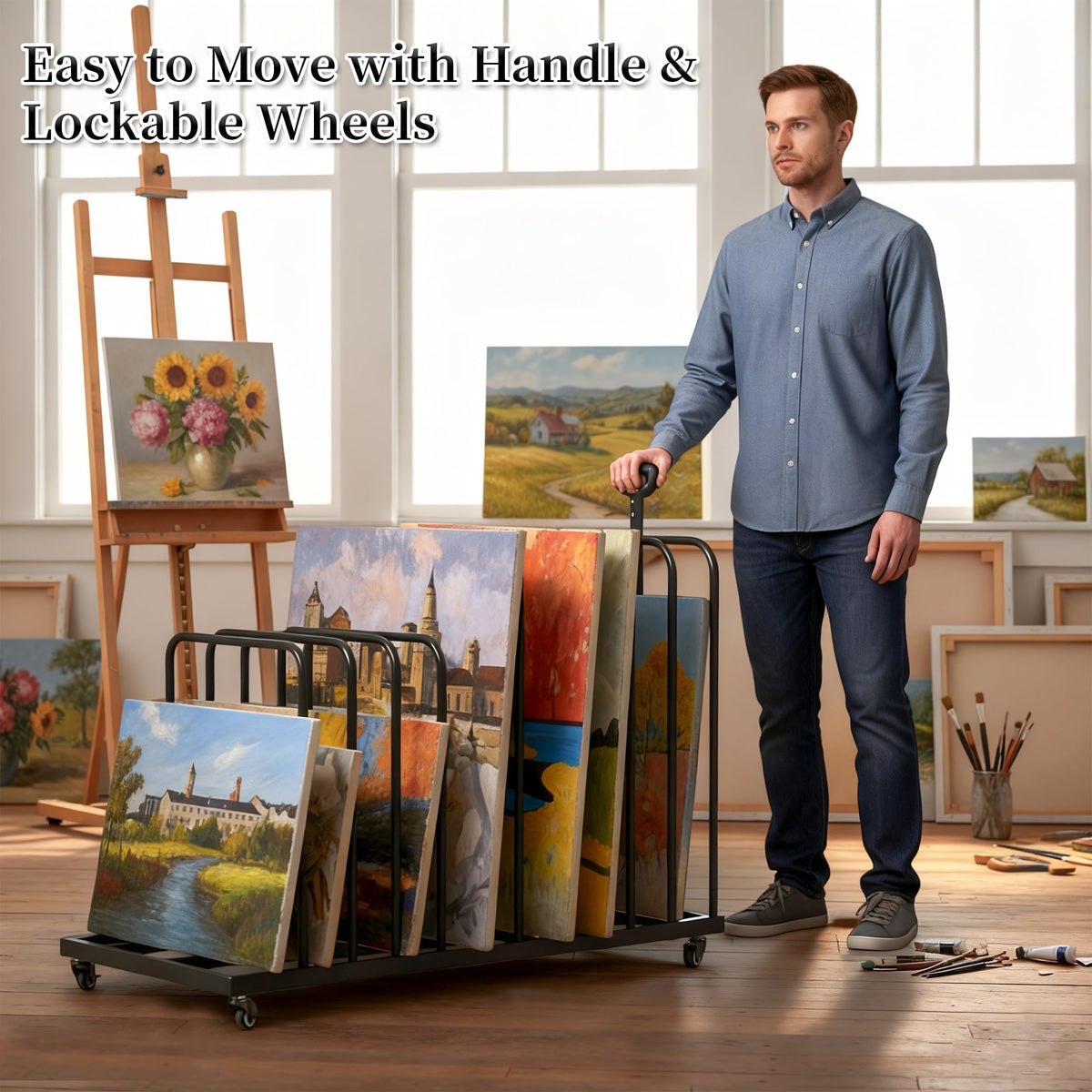 BERPET Heavy-Duty Art Storage Rack with Handle & Wheels, Mobile Metal Organizer for Canvas, Boards, and Artwork – Rolling Art Drying & Display Cart for Studio, Classroom, and Gallery