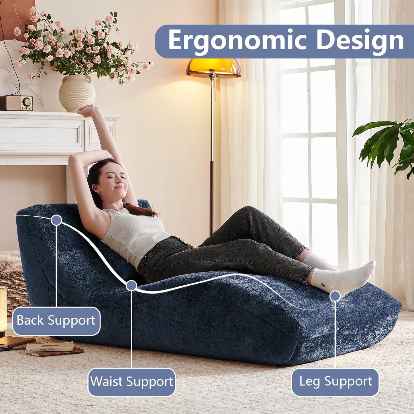 Huadeo Chaise Lounge Chair with Curved Back, Modern Upholstered Recliner Sofa, Tufted Accent Lounger Comfortable Lazy Chair for Bedroom, Apartment (Blue)