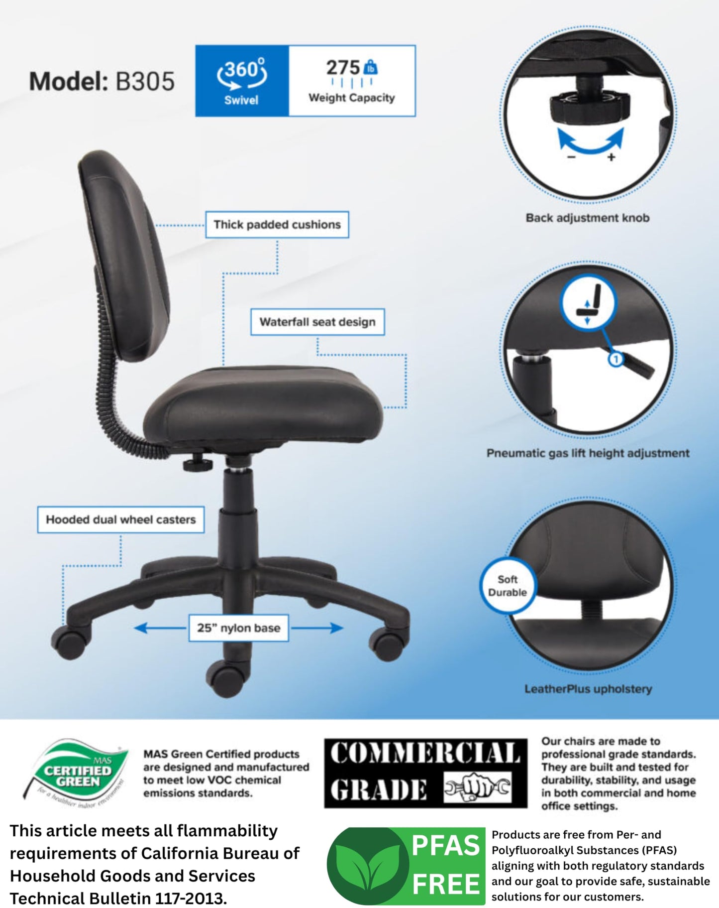 Boss Office Products Posture Task Chair Without Arms in Black, Low-Back (B305)