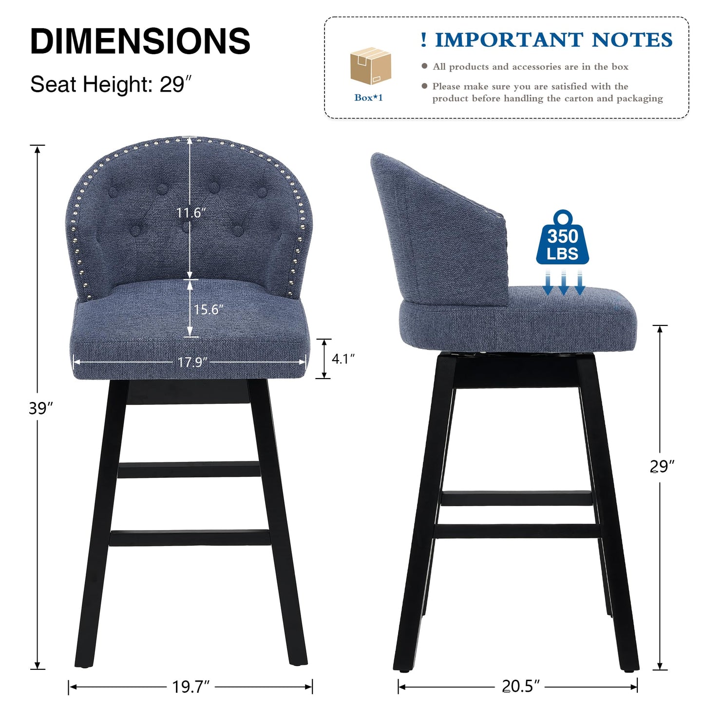 UDAX 29''Swivel Bar Stools Set of 2, Upholstered Barstools with Backs, Modern Counter Height Bar Stool Chairs for Kitchen Island, Wood Legs, Counter Stools