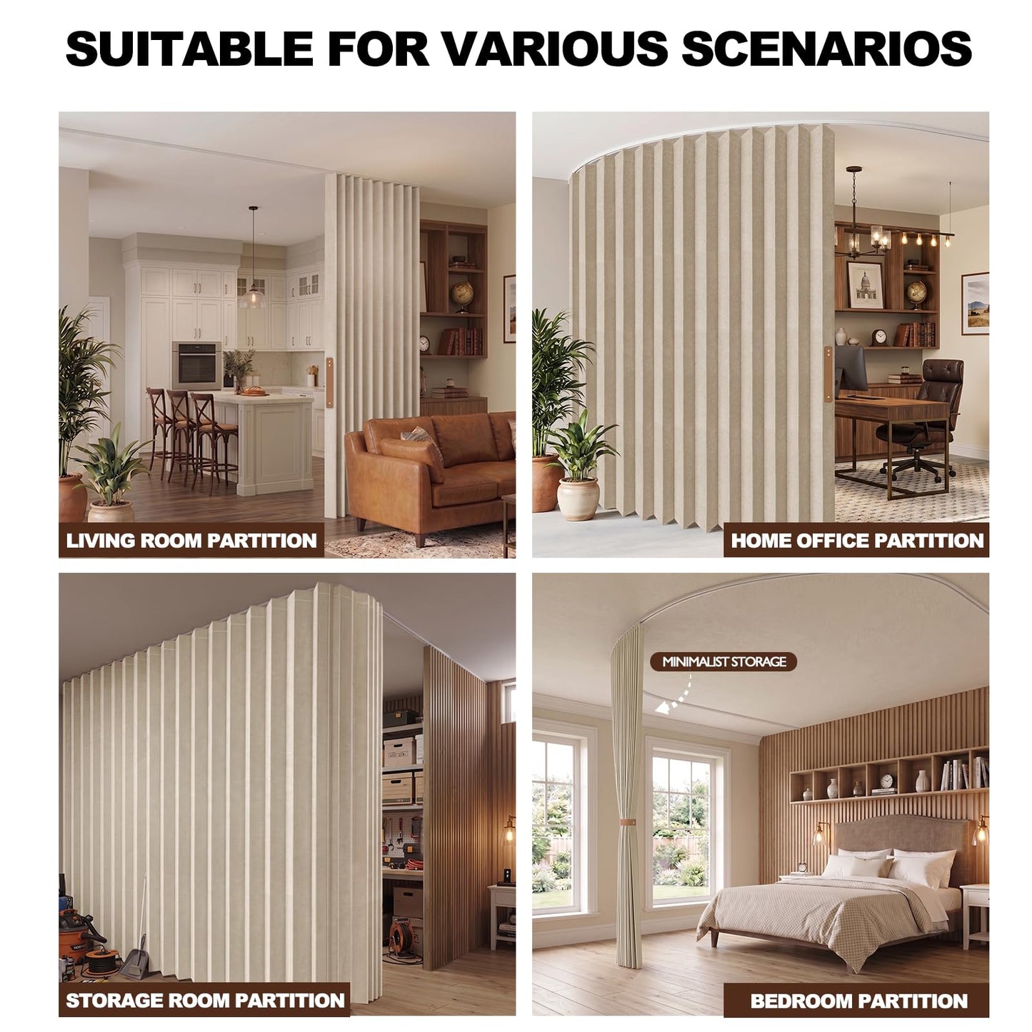 JILRON Accordion Folding Room Partition with Ceiling Track - Retractable Room Divider Curtain, Effortless Setup(Beige 100" W x 84" L-Pack of 1)