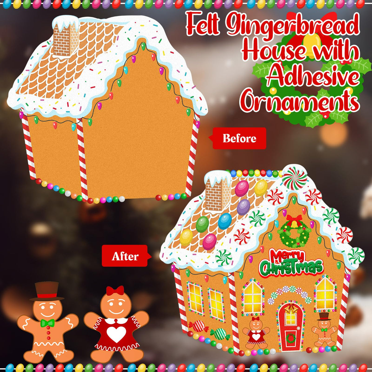 WovWeave DIY Felt Christmas Gingerbread House 3.1 x 2.9 ft with 28 Detachable Ornaments Christmas Crafts Gingerbread House Kit Xmas Gifts for Winter Holiday Party Home Door Wall Hanging Decorations